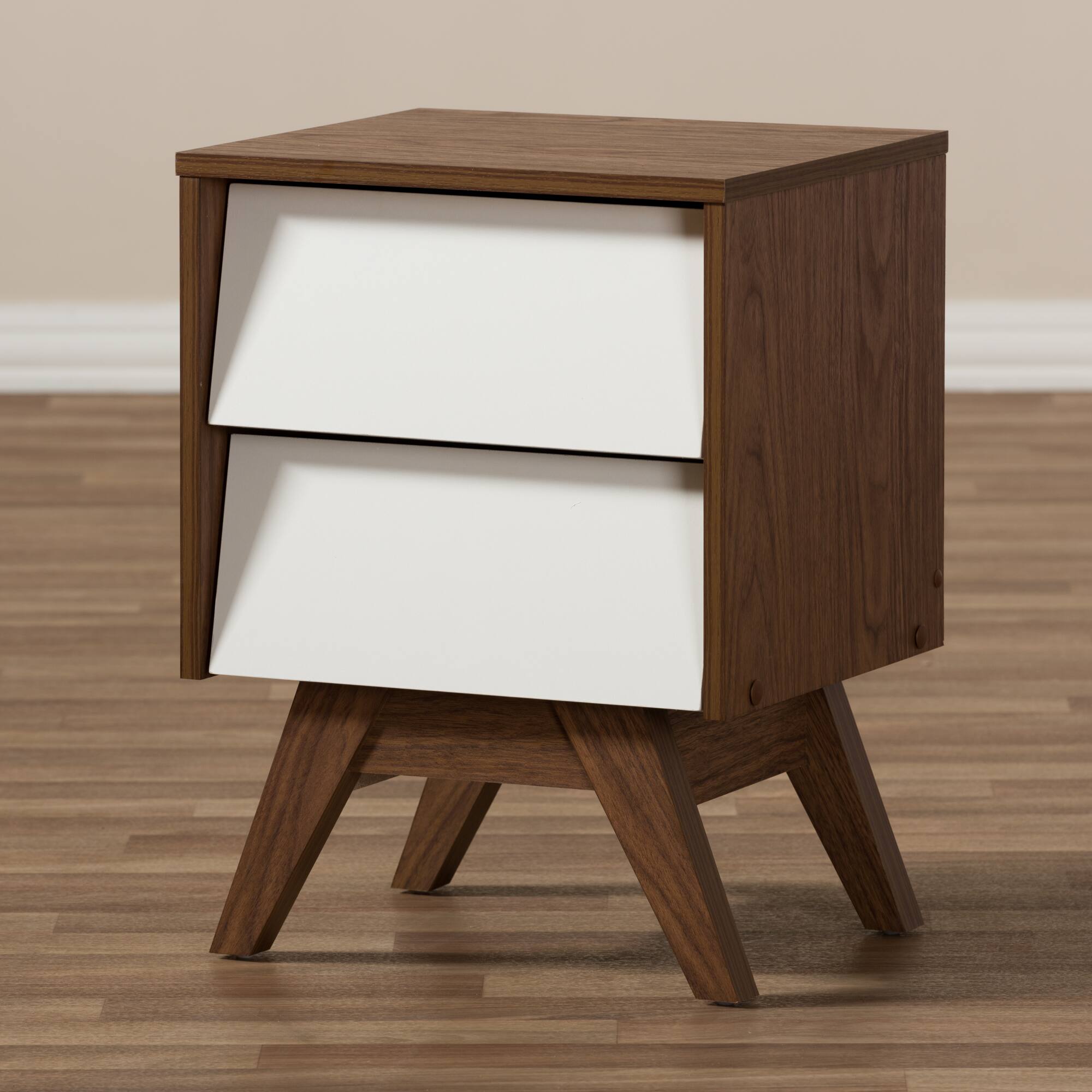 Alt View 2. Baxton Studio - Hildon Mid-Century Modern Wood 2-Drawer Storage Nightstand - White/"Walnut" Brown.