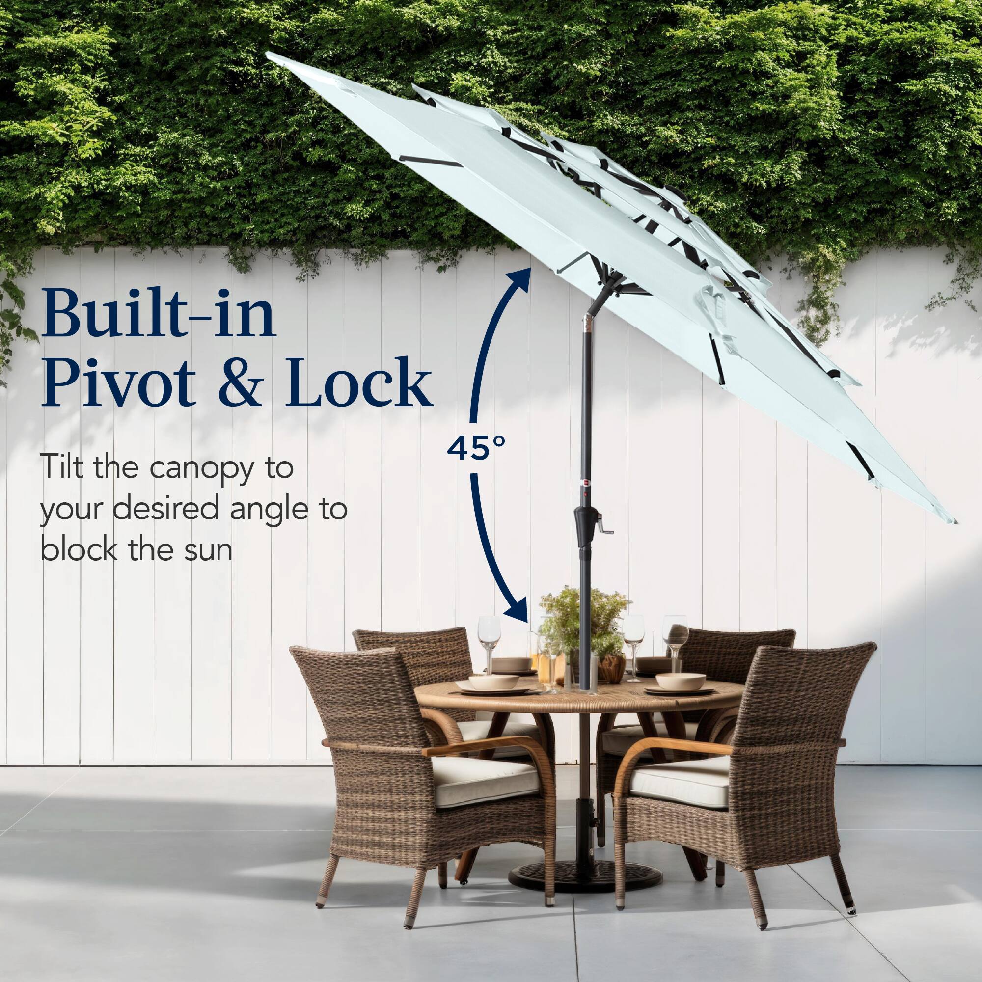 Built-in Pivot & Lock

Tilt the canopy to your desired angle to block the sun.