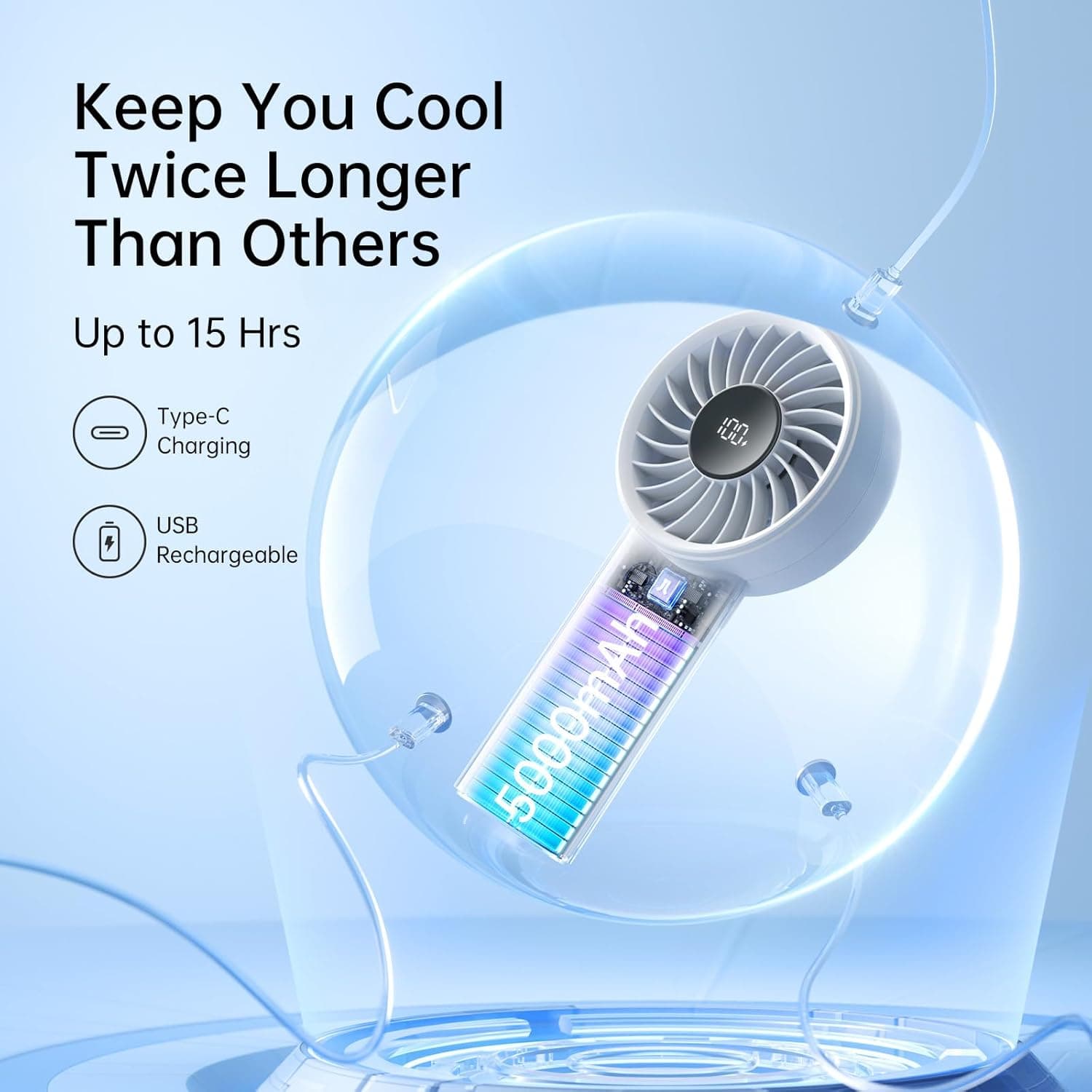 Keep You Cool Twice Longer Than Others  
Up to 15 Hrs  
Type-C Charging  
USB Rechargeable  
5000mAh