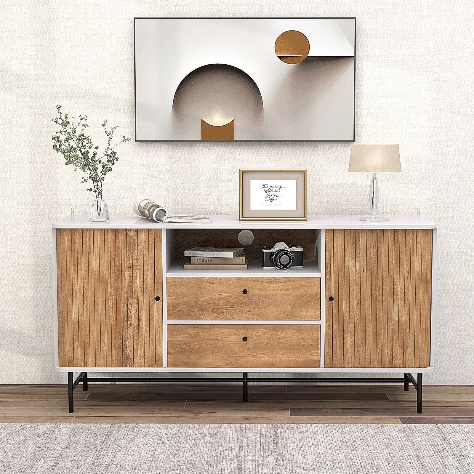 Alt View 1. Boyel Living - White Wood 59 in. Mid Century Modern Buffet Sideboard with Sliding Tambour Doors and 2 Storage Drawers - White.