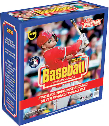 **2026 Baseball Picture Cards**
**Topps Heritage**
**Find Exclusive Base Red and Silver Parallels**
**Collect 1-400 of the Entire Set**
**Look for Variations Including:**
- Throwback Cards
- Alternate Jerseys
- Image and Banner
- Autographs
- Throwback Era Legends
- New Era Legends
- Short Printed Base Cards
**Base Red and Silver Parallels**
**17 Cards Per Box**
**169 Total Cards**
**Major League Baseball**
**Officially Licensed Product of MLB Players**
**(No Purchase Necessary. Visit Topps.com/NPA for Details and Entry.)**
**Topps.com/WPW**