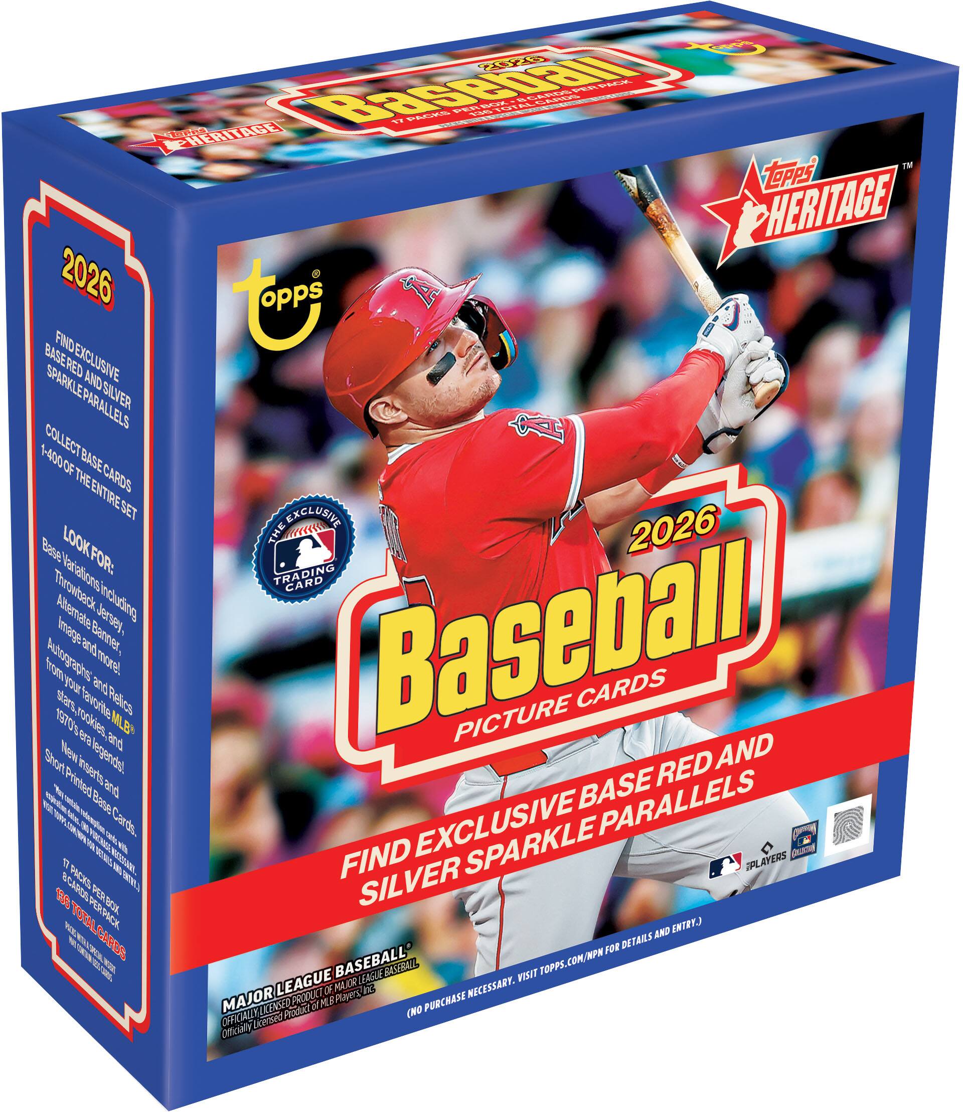 **2026 Baseball Picture Cards**

**Topps Heritage**

**Find Exclusive Base Red and Silver Parallels**

**Collect 1-400 of the Entire Set**

**Look for Variations Including:**

- Throwback Cards
- Alternate Jerseys
- Image and Banner
- Autographs
- Throwback Era Legends
- New Era Legends
- Short Printed Base Cards

**Base Red and Silver Parallels**

**17 Cards Per Box**

**169 Total Cards**

**Major League Baseball**

**Officially Licensed Product of MLB Players**

**(No Purchase Necessary. Visit Topps.com/NPA for Details and Entry.)**

**Topps.com/WPW**