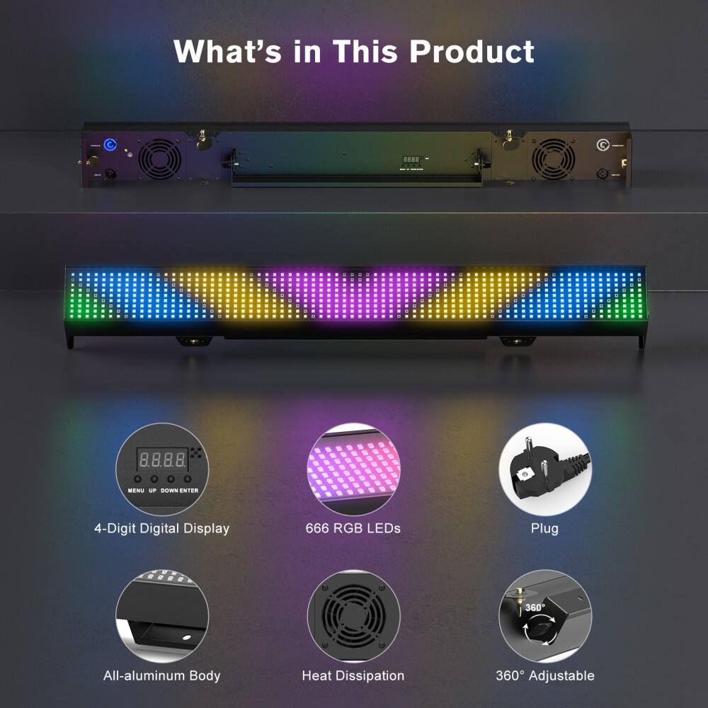 What's in This Product

- 4-Digit Digital Display
- 666 RGB LEDs
- Plug
- All-aluminum Body
- Heat Dissipation
- 360° Adjustable