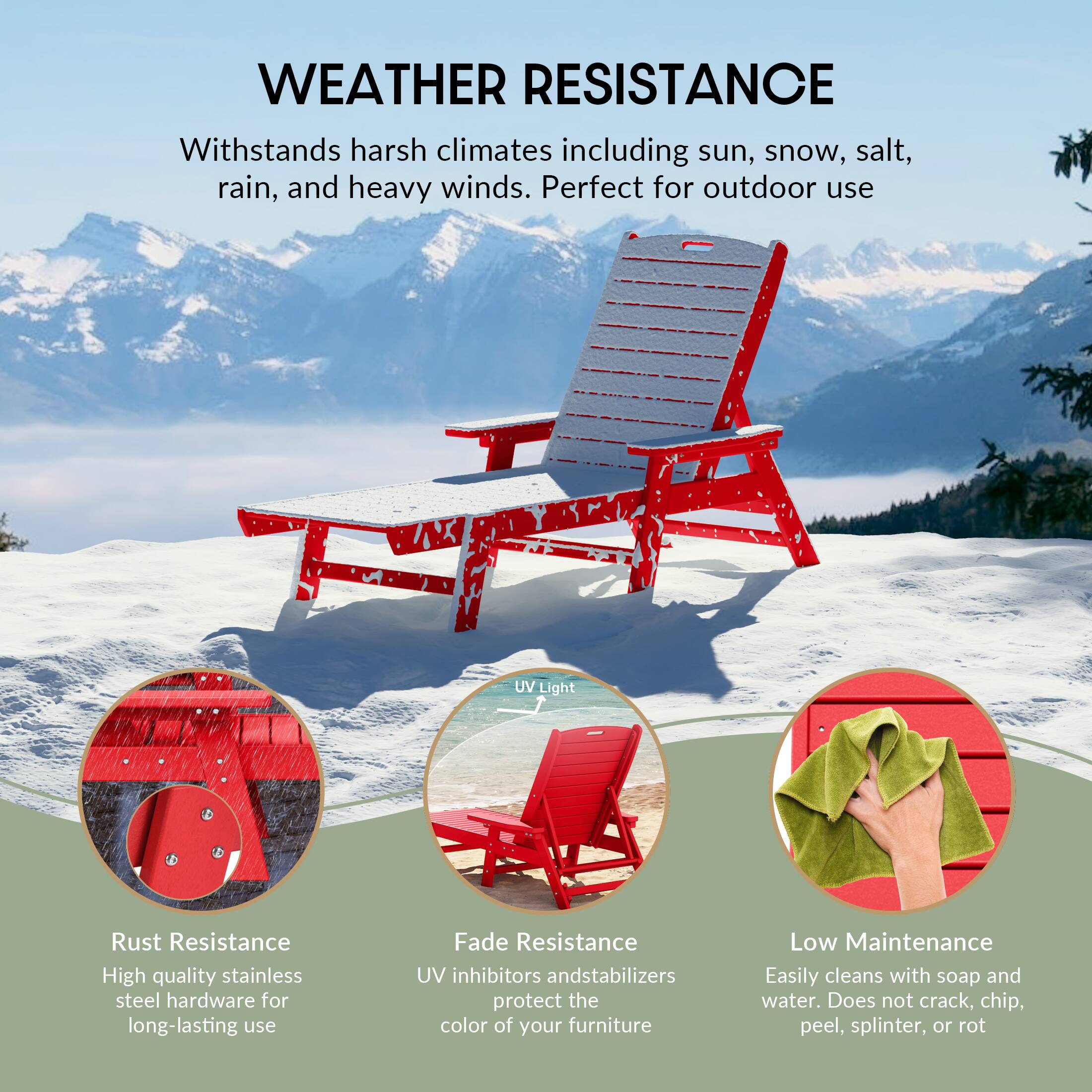 WEATHER RESISTANCE  
Withstands harsh climates including sun, snow, salt, rain, and heavy winds. Perfect for outdoor use.

- Rust Resistance  
  High quality stainless steel hardware for long-lasting use

- UV Light  
  UV inhibitors and stabilizers protect the color of your furniture

- Fade Resistance  
  UV inhibitors and stabilizers protect the color of your furniture

- Low Maintenance  
  Easily cleans with soap and water. Does not crack, chip, peel, splinter, or rot