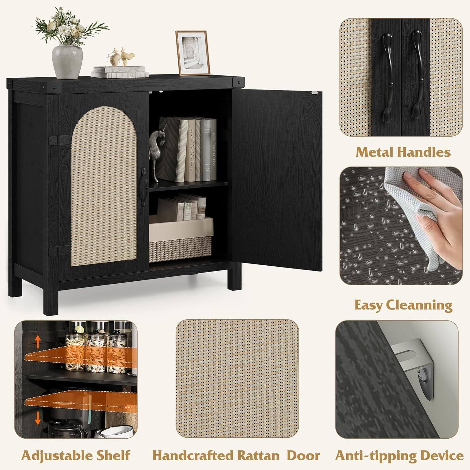 - AL Metal Handles
- Easy Cleaning
- Adjustable Shelf
- Handcrafted Rattan Door
- Anti-tipping Device