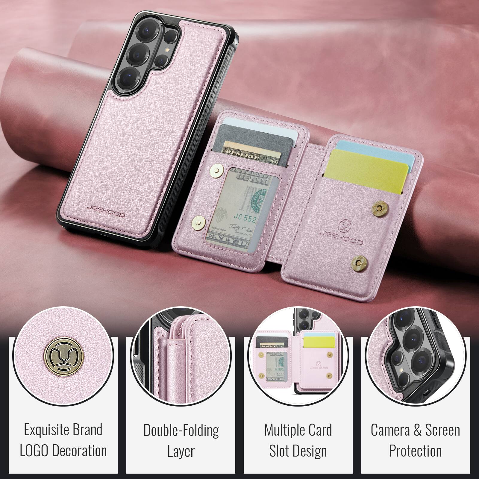 JEGHOOD JC 552 - 2 C ID JEGHOOD 202

Exquisite Brand Double-Folding LOGO Decoration Layer Multiple Card Slot Design Camera & Screen Protection