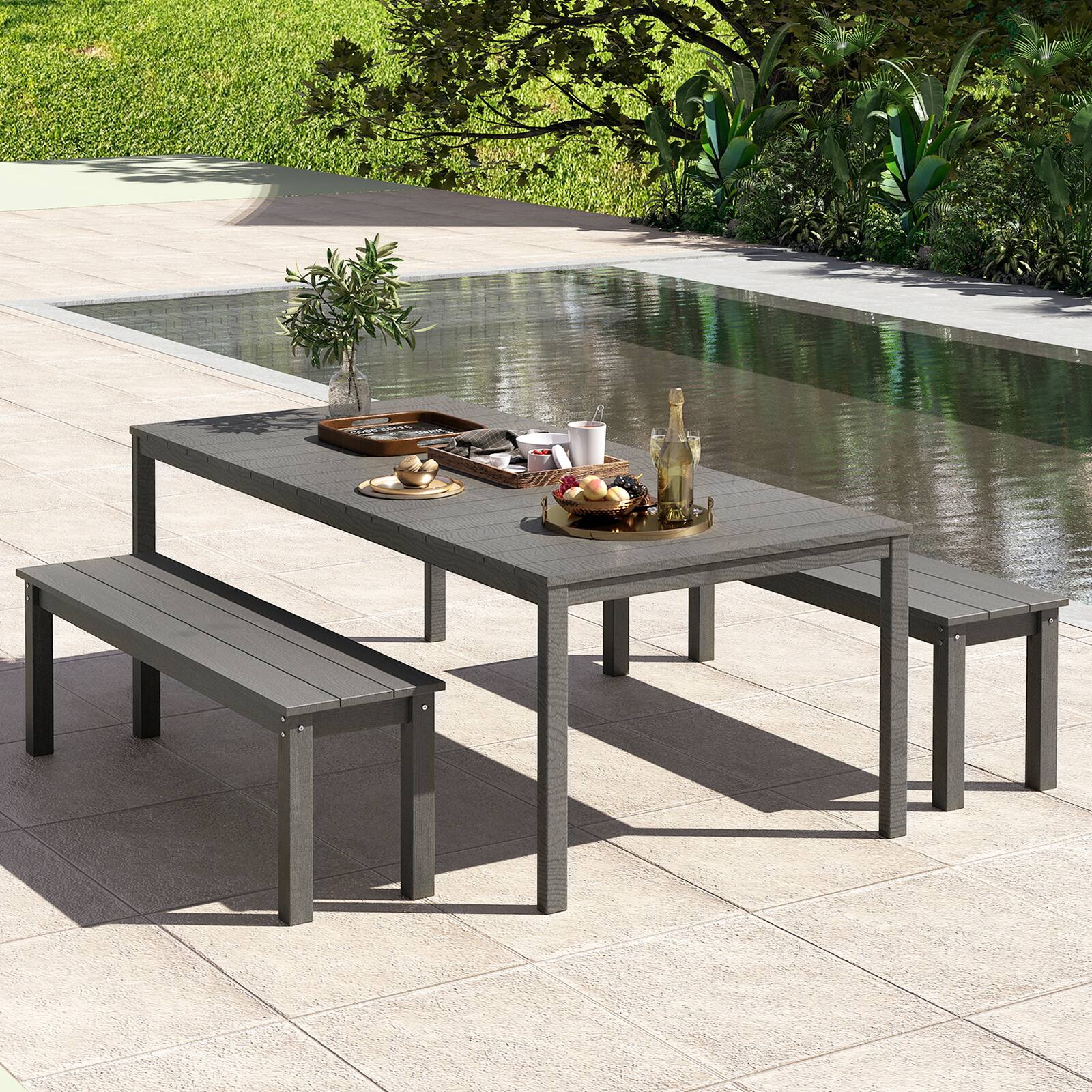 Alt View 8. Gymax - Gymax 55'' HDPE Outdoor Bench for 2-3 People Weatherproof Backless Patio Garden Bench Gray - Gray.