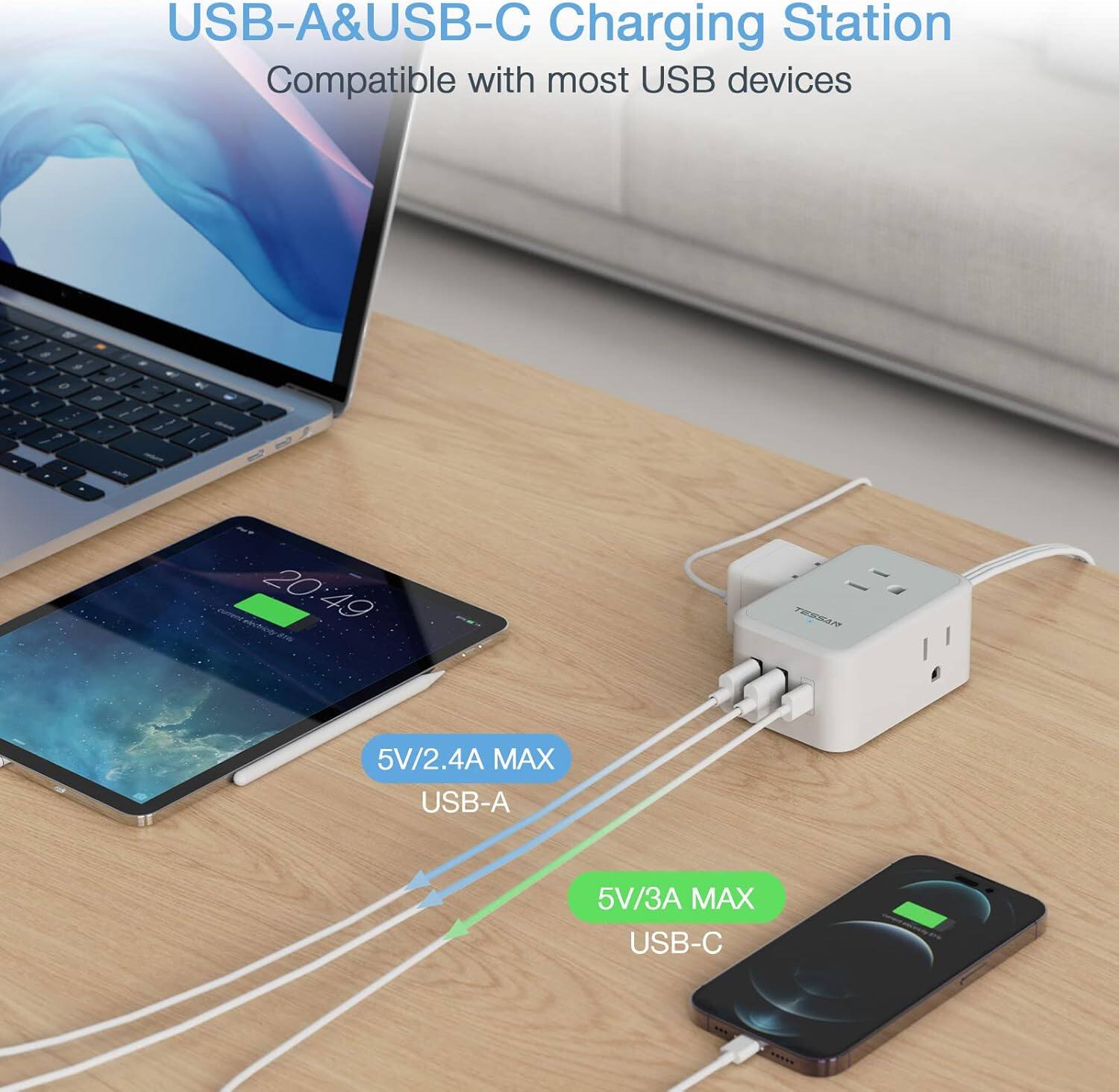 USB-A & USB-C Charging Station  
Compatible with most USB devices  

5V/2.4A MAX USB-A  
5V/3A MAX USB-C