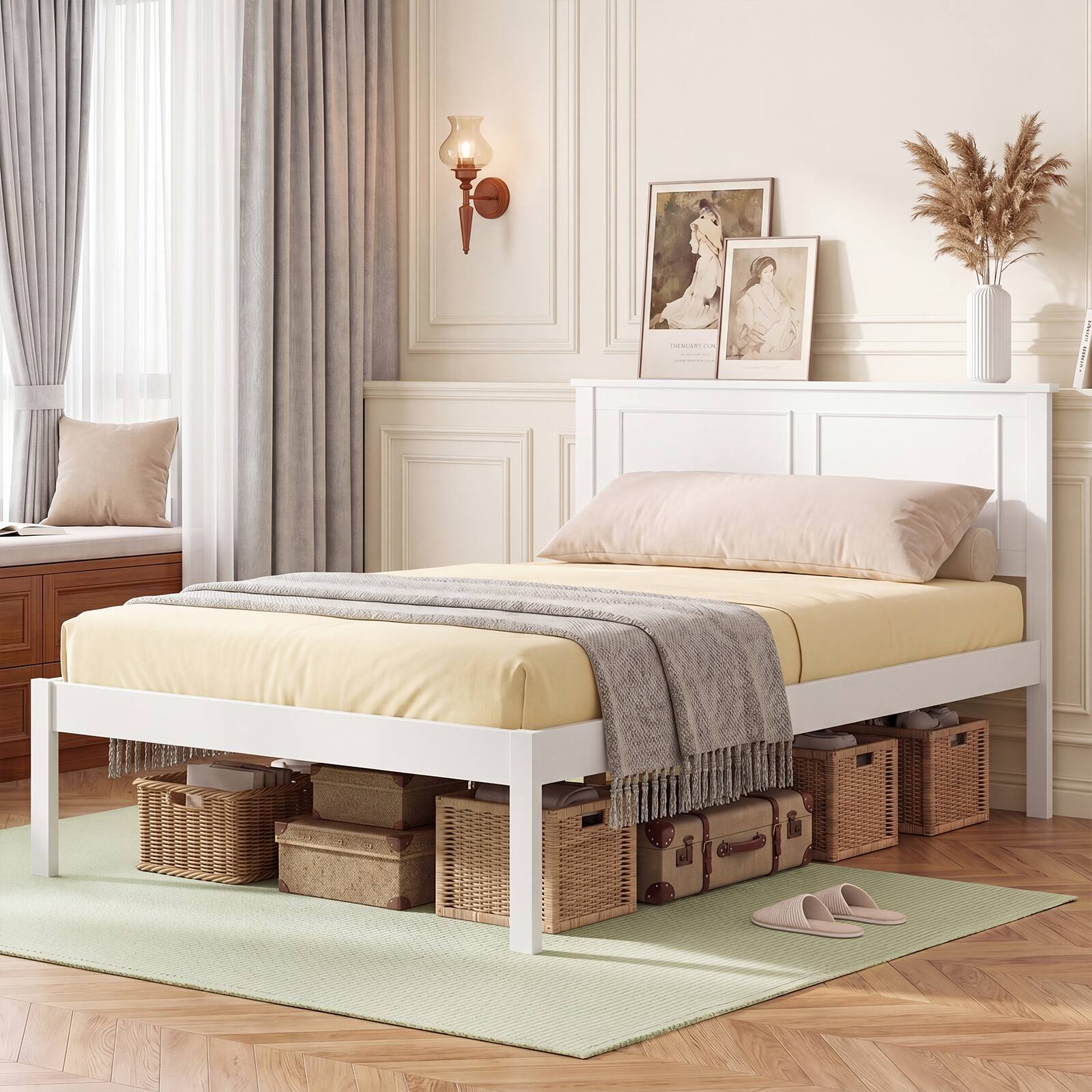 Alt View 8. Gymax - Gymax Twin Size Bed Frame Farmhouse Wooden Platform Bed w/Headboard Under-Bed Storage - White.