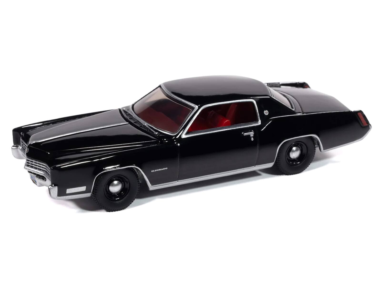Angle. Autoworld - 1967 Cadillac Eldorado Sable Black with Red Interior "Luxury Cruisers" Series 1/64 Diecast Model Car by Auto World - Black.