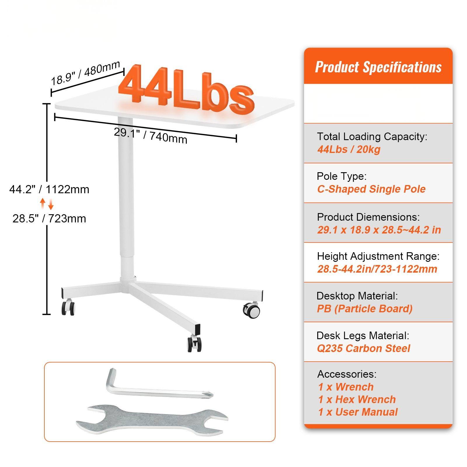 Sure, here is the corrected and grouped text from the image:

---

**Product Specifications**

- **Total Loading Capacity:** 44Lbs / 20kg
- **Pole Type:** C-Shaped Single Pole
- **Product Dimensions:** 29.1 x 18.9 x 28.5-44.2 in
- **Height Adjustment Range:** 28.5-44.2in / 723-1122mm
- **Desktop Material:** PB (Particle Board)
- **Desk Legs Material:** Q235 Carbon Steel
- **Accessories:** 1 x Wrench, 1 x Hex Wrench, 1 x User Manual

---

**Dimensions:**

- **Width:** 18.9" / 480mm
- **Depth:** 29.1" / 740mm
- **Height:** 28.5" / 723mm to 44.2" / 1122mm

---

**Weight Capacity:** 44Lbs