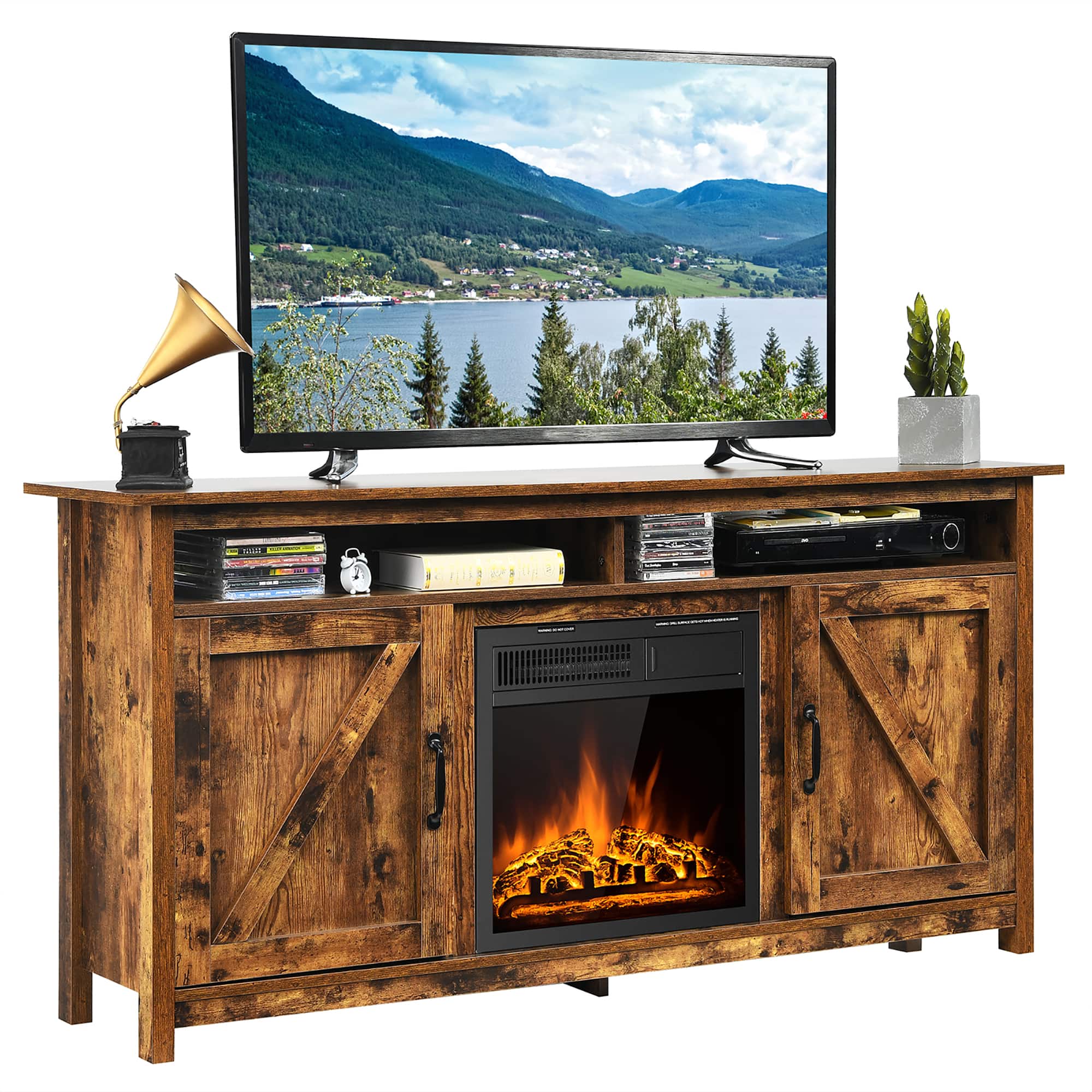 Costway - 60" Industrial Fireplace TV Stand W/18" 750W/1500W Electric Fireplace - Brown