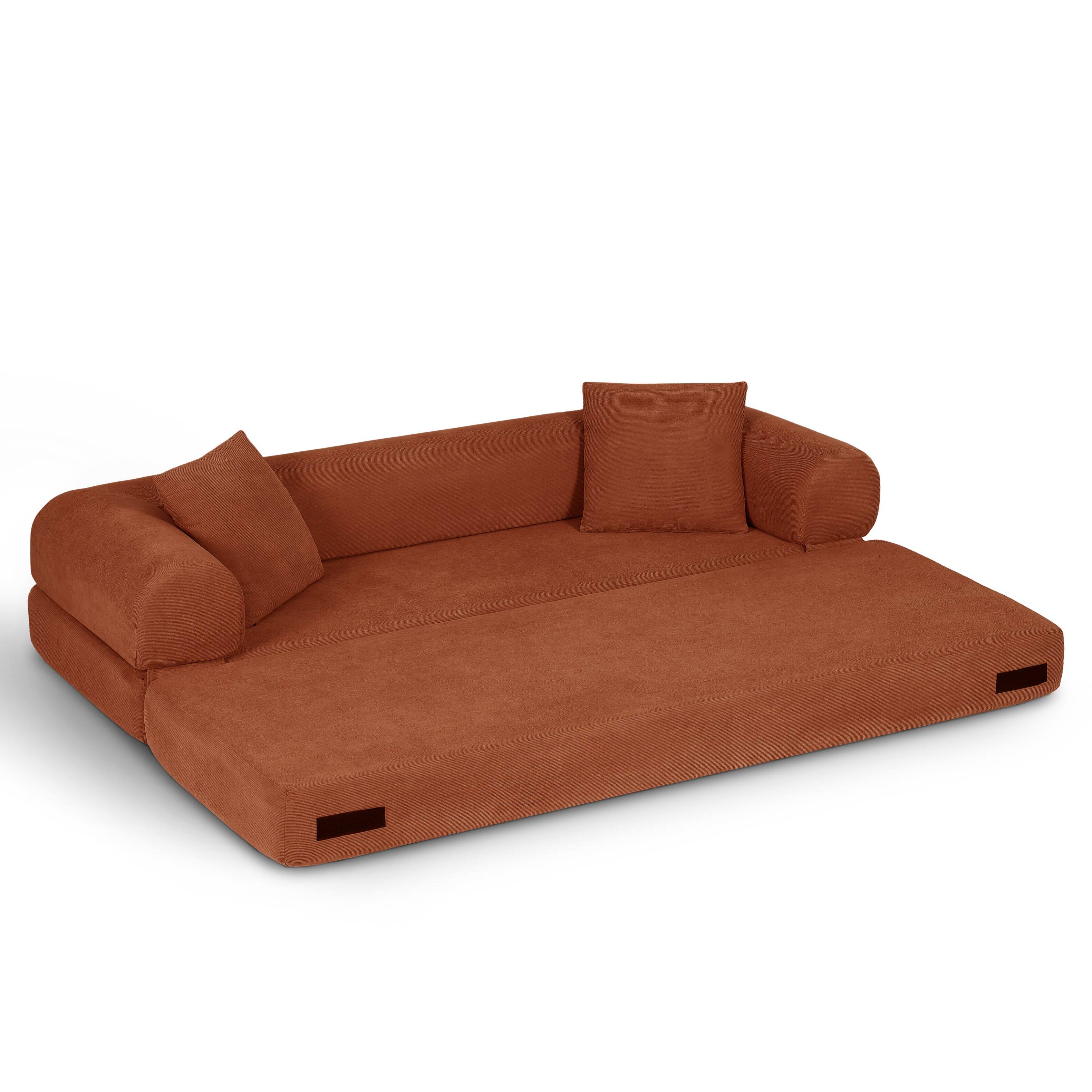 Back. Loheer - Loheer 80 Inch Convertible Sofa Bed Queen Corduroy Fold Out Couch with Storage - Orange.