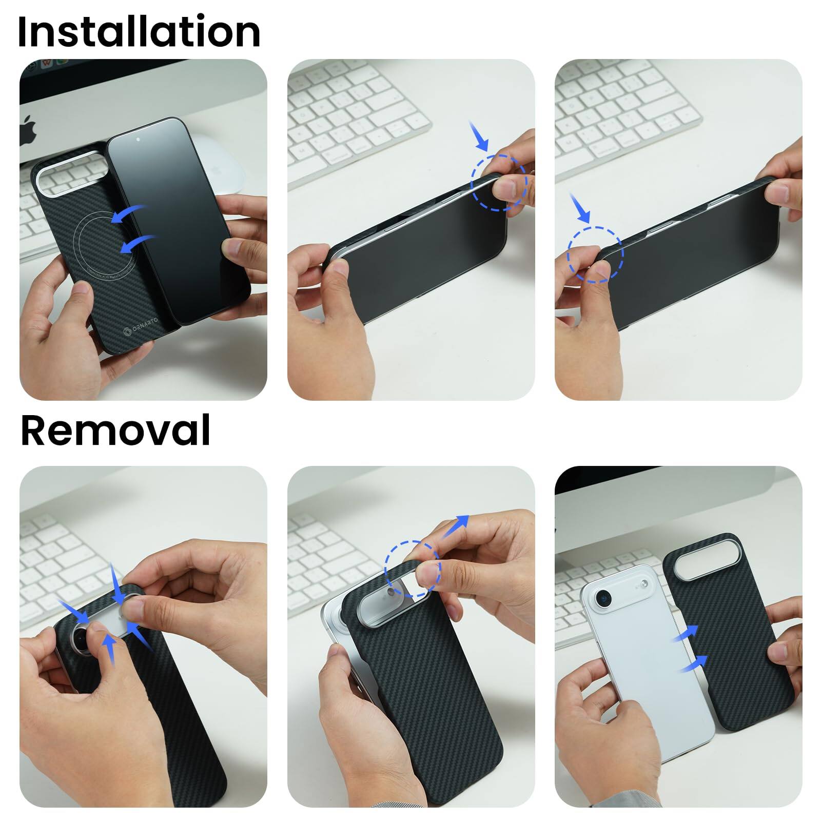 Installation

1. Align the phone case with the phone.
2. Insert the phone into the case.
3. Press the case onto the phone.

Removal

1. Hold the case and phone.
2. Slide the case off the phone.
3. Remove the phone from the case.
