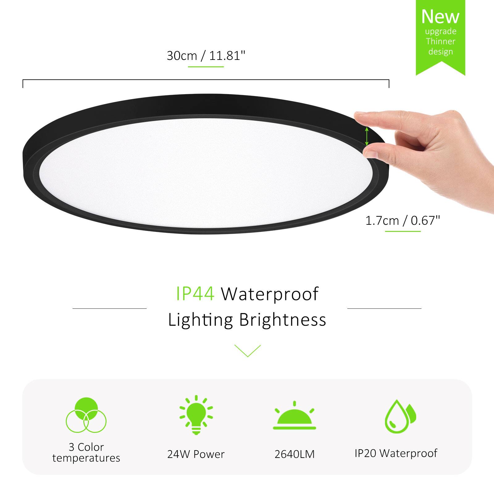 30cm / 11.81"  
New upgrade Thinner design  
1.7cm / 0.67"  
IP44 Waterproof  
Lighting Brightness  
3 Color temperatures  
24W Power  
2640LM  
IP20 Waterproof