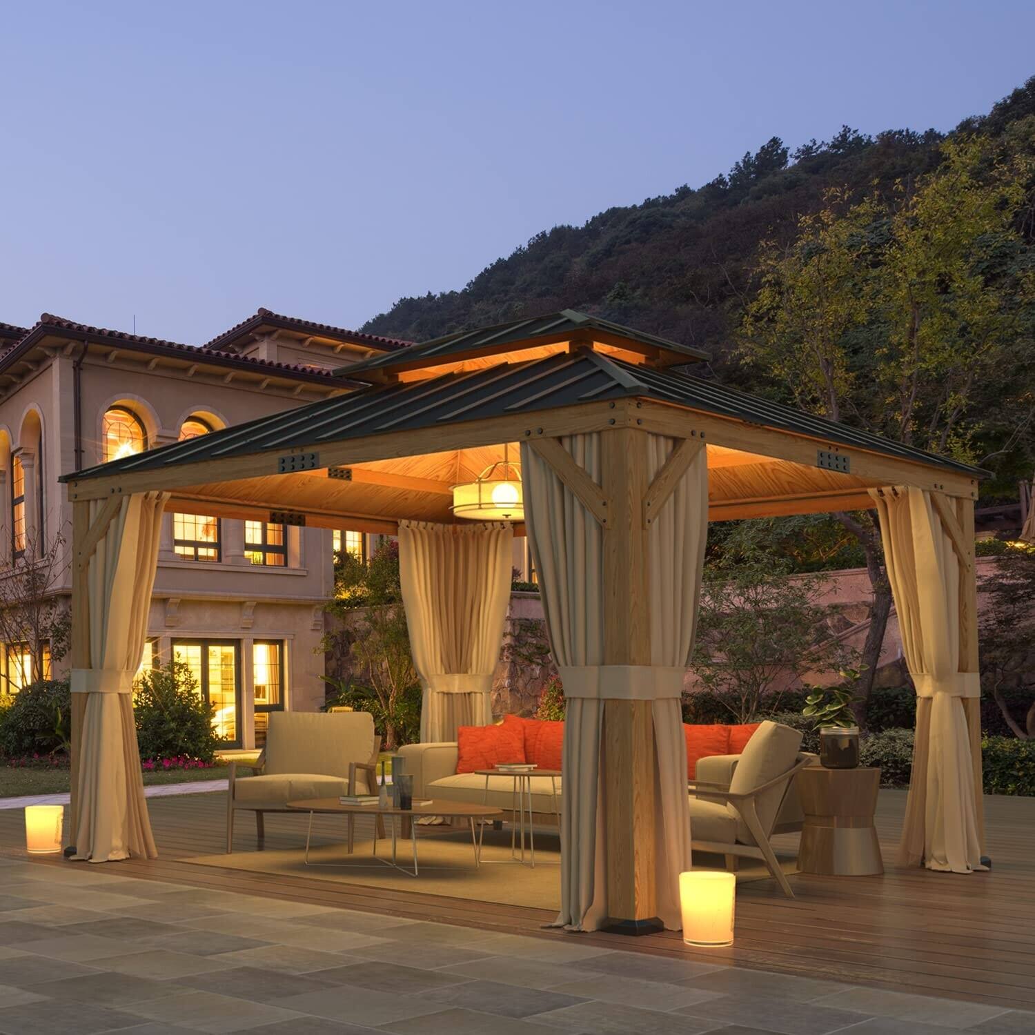 Angle. U-HOMY - 11' x 13' Hardtop Asphalt Roof Gazebo, Spruce Wood Double Roof Pavilion with Waterproof Coated Frame for Patio - 11'x13'.