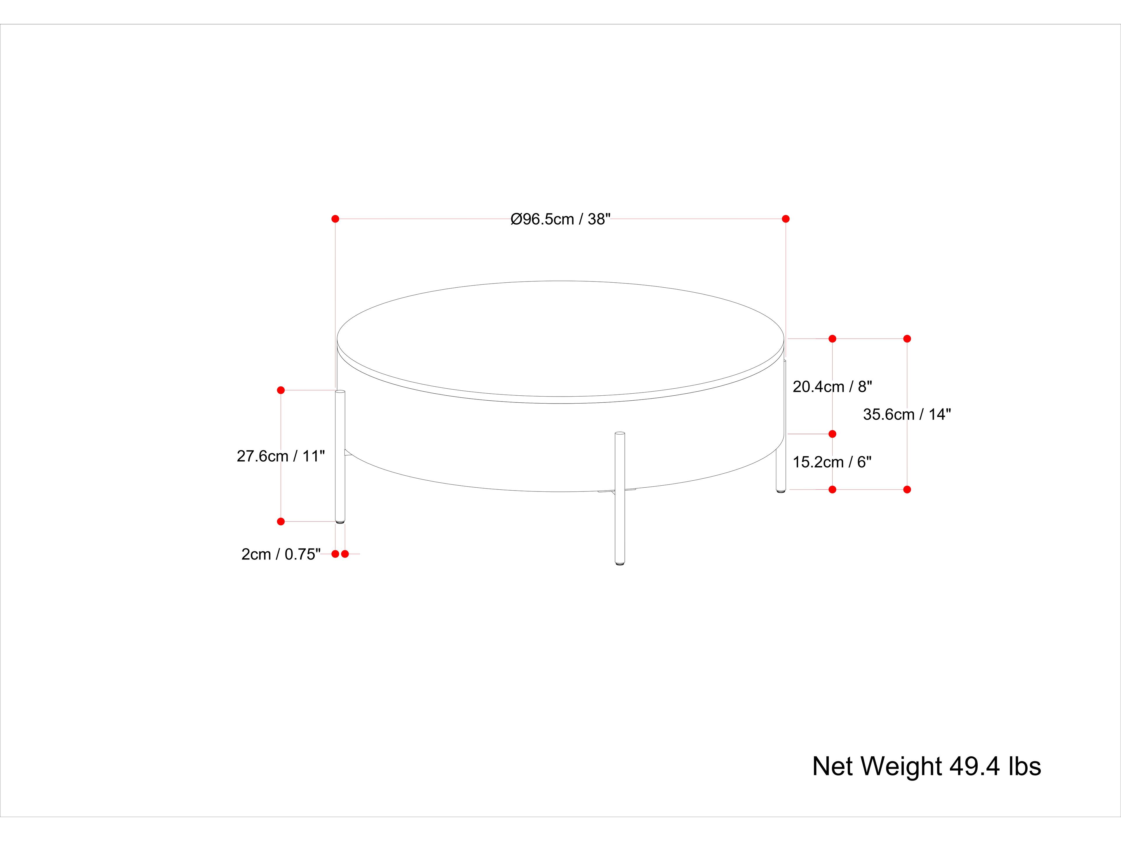 96.5cm / 38"  
20.4cm / 8"  
35.6cm / 14"  
27.6cm / 11"  
15.2cm / 6"  
2cm / 0.75"  
Net Weight 49.4 lbs