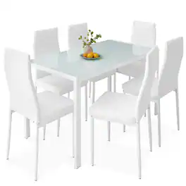 Best Choice Products - 7-Piece Kitchen Dining Table Set w/ Glass Tabletop, 6 Faux Leather Chairs - White