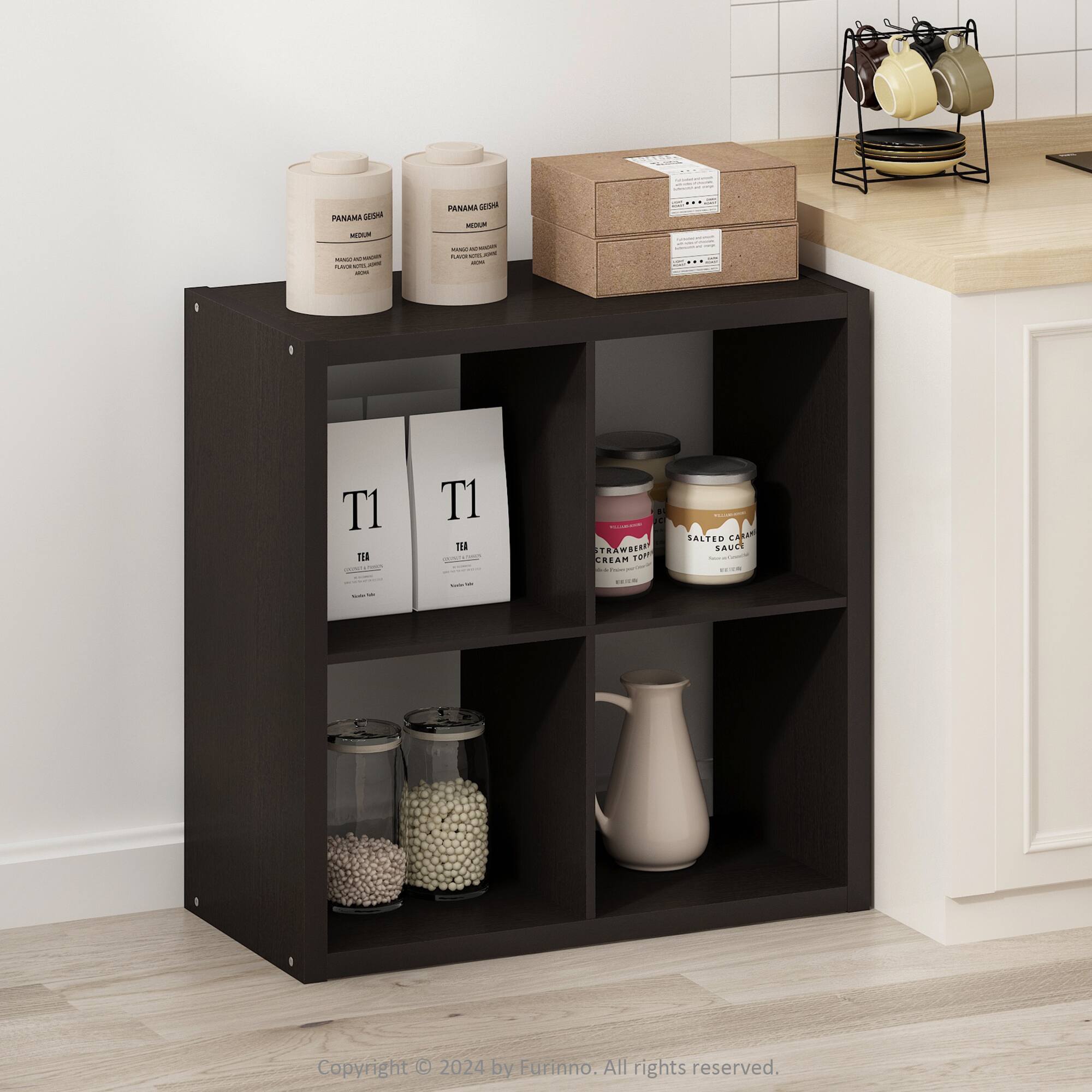 Sure, here is the corrected and grouped text from the image:

---

**Top Shelf:**
- PANAMA GEISHA
  - MEDIUM
  - FLAVOUR PROFILE: MEDIUM BODY, FRUITY, CITRUS, HONEY
  - NET WT: 250g
- PANAMA GEISHA
  - MEDIUM
  - FLAVOUR PROFILE: MEDIUM BODY, FRUITY, CITRUS, HONEY
  - NET WT: 250g

**Middle Shelf:**
- T1
  - TEA
- T1
  - TEA

**Bottom Shelf:**
- STRAWBERRY
  - SALTED CARAMEL
  - SAUC.
- SALTED CARAMEL
  - SAUC.

**Additional Text:**
- Copyright © 2024 by Eurinno. All rights reserved.

---