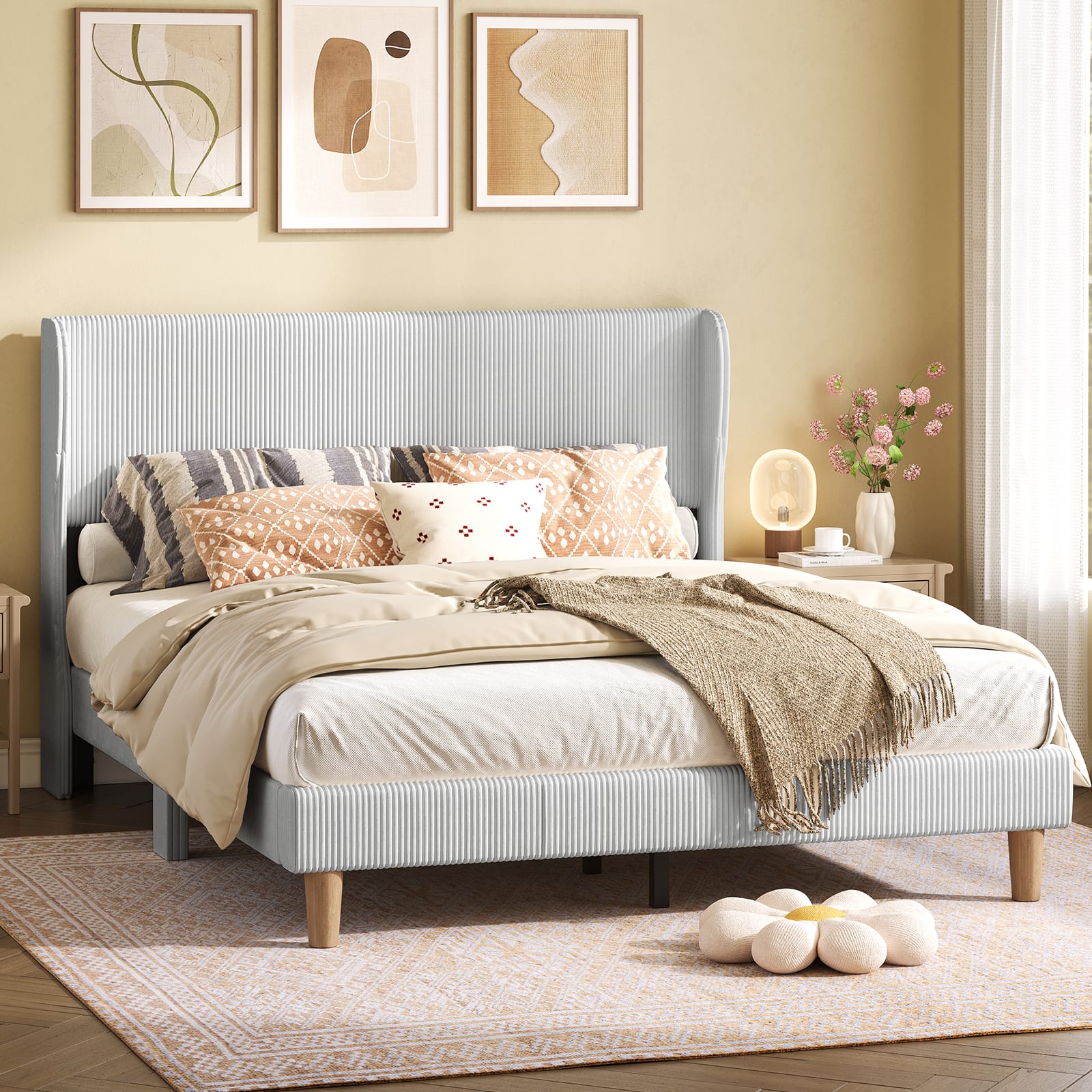 Bestier - Wood Frame Corduroy Upholstered Platform Bed Frame with Wingback Headboard - Light Gray