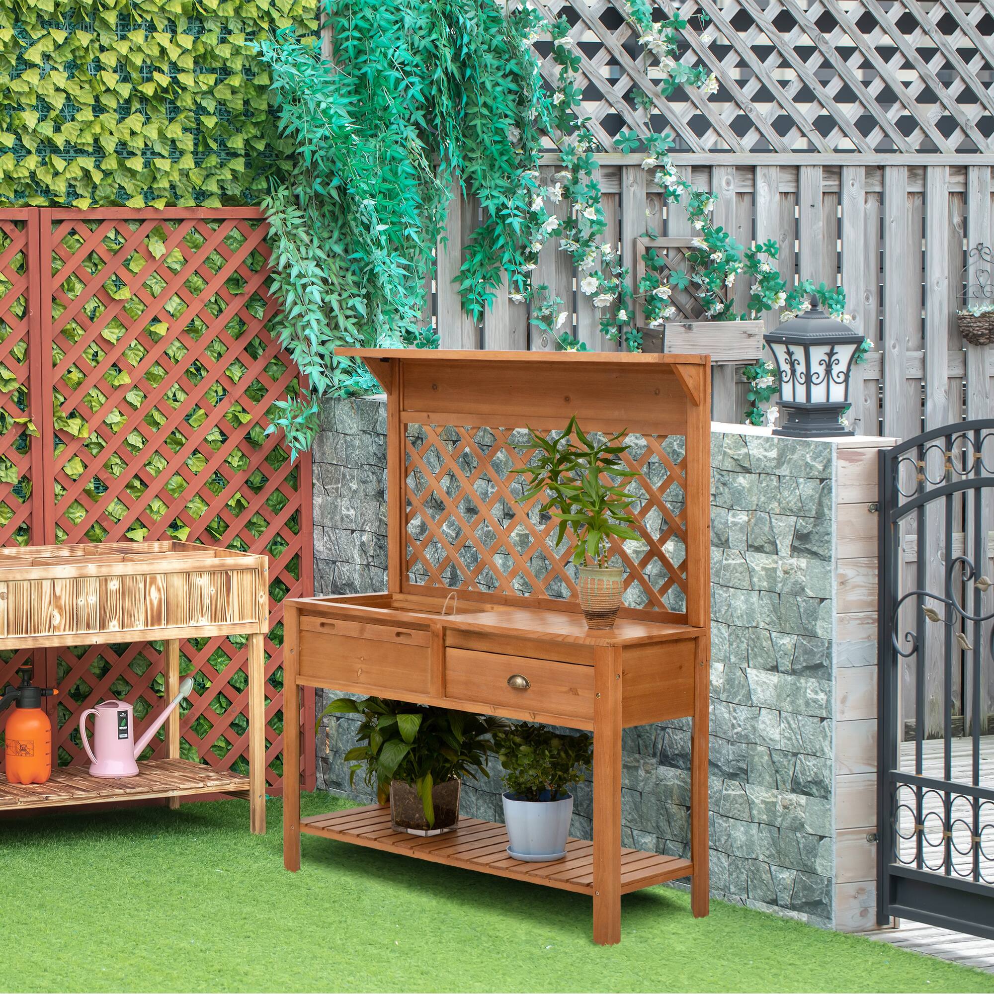 Alt View 1. Outsunny - Garden Potting Bench, Outdoor Wooden Workstation Table w/ Metal Screen, Drawer, Hooks, Storage Shelf - Natural.