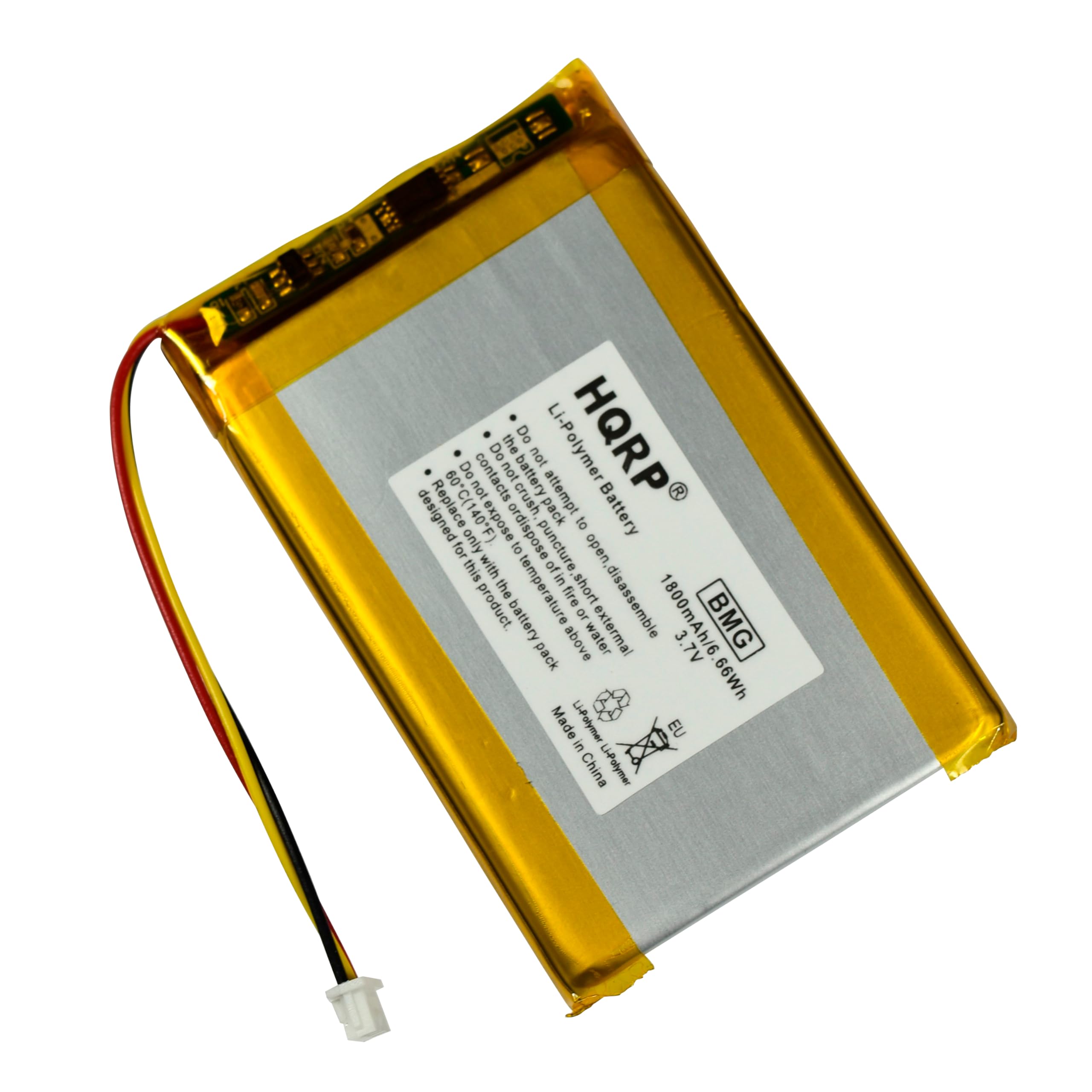 The Do Li-Polymer HQRP Do not .09 Do contacts not battery C(1 Jon crush attempt designed C(140"F) expose or dispose pack to Battery for only to puncture open this with of in the temperature fire hora disassemble product. battery or extermal 1800mAh/6 BMG water  pack evode 3.7V 99 Made nemyleJ EU 5 China LiPolymar

Corrected text:

Do not crush, puncture, or dispose of this battery in fire or expose to high temperature. Do not disassemble or attempt to recharge with external chargers. Do not connect to a short circuit. Do not expose to water or moisture. Do not expose to extreme temperatures above 140°F (60°C) or below -40°F (-40°C). Designed for use with the product only. Made in China. 1800mAh/6.6Wh 3.7V BMG Li-Polymer Battery. HQRP.