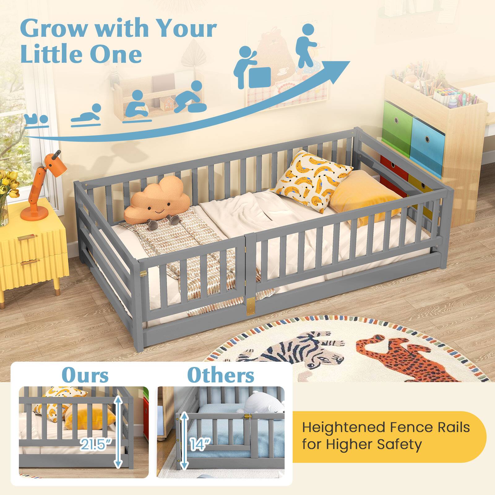 Grow with Your Little One, Heightened Fence Rails for Higher Safety, Ours 21.5", Others 14"