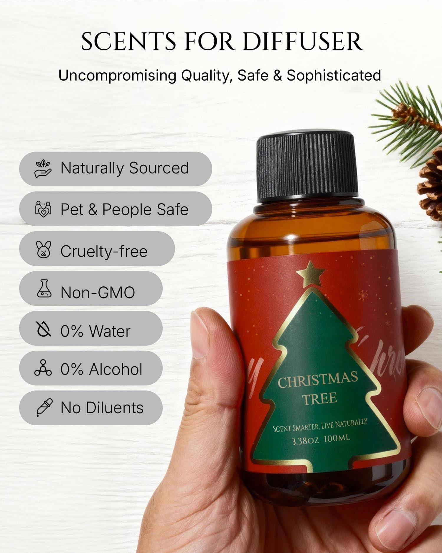 SCENTS FOR DIFFUSER  
Uncompromising Quality, Safe & Sophisticated  

- Naturally Sourced  
- Pet & People Safe  
- Cruelty-free  
- Non-GMO  
- 0% Water  
- 0% Alcohol  
- No Diluents  

CHRISTMAS TREE  
SCENT SMARTER, LIVE NATURALLY  
3.38OZ 100ML