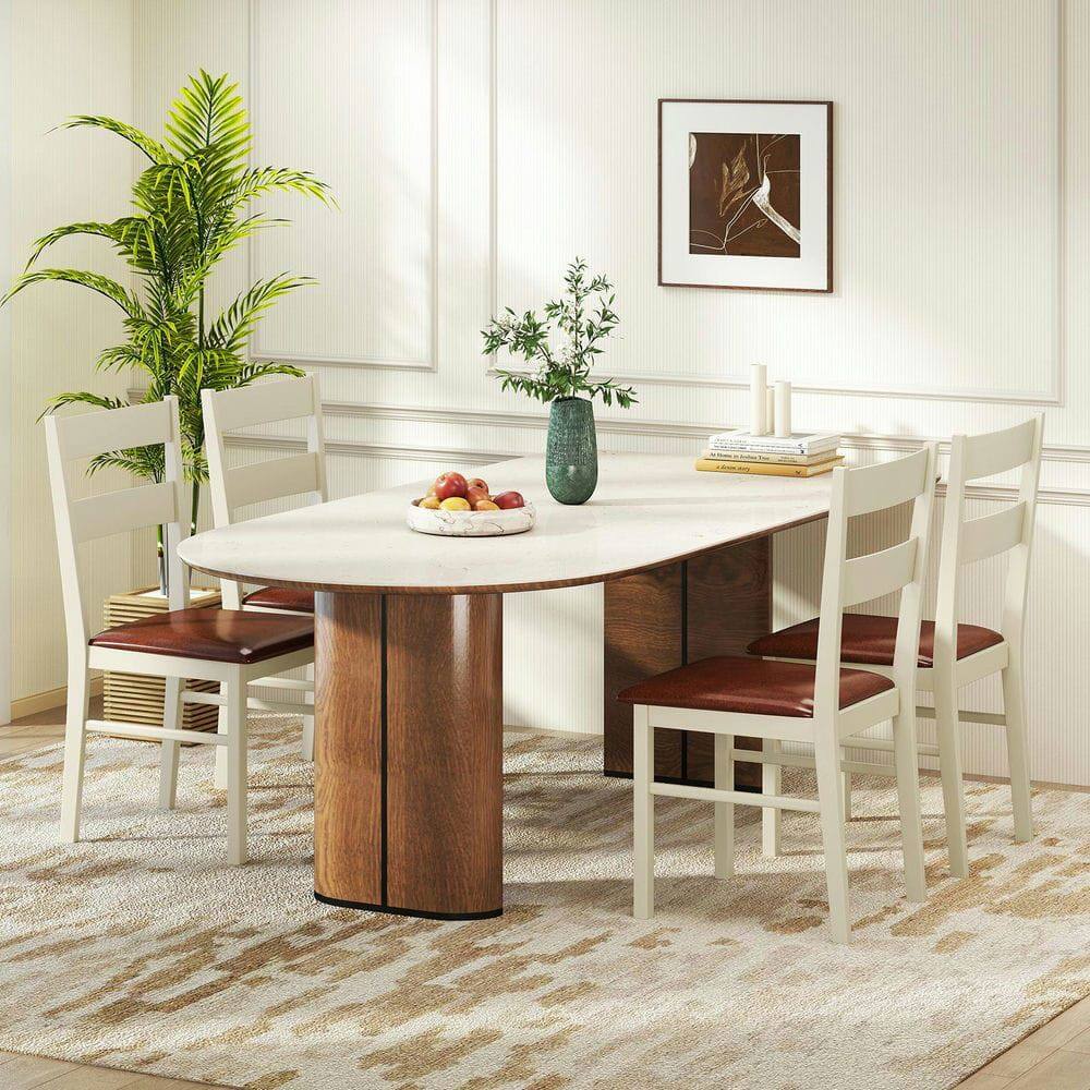 Alt View 1. Kadyn - Set of 2 Armless Kitchen Dining Chairs, PU Leather Upholstery on Wooden Frame, White and Brown - Brown.