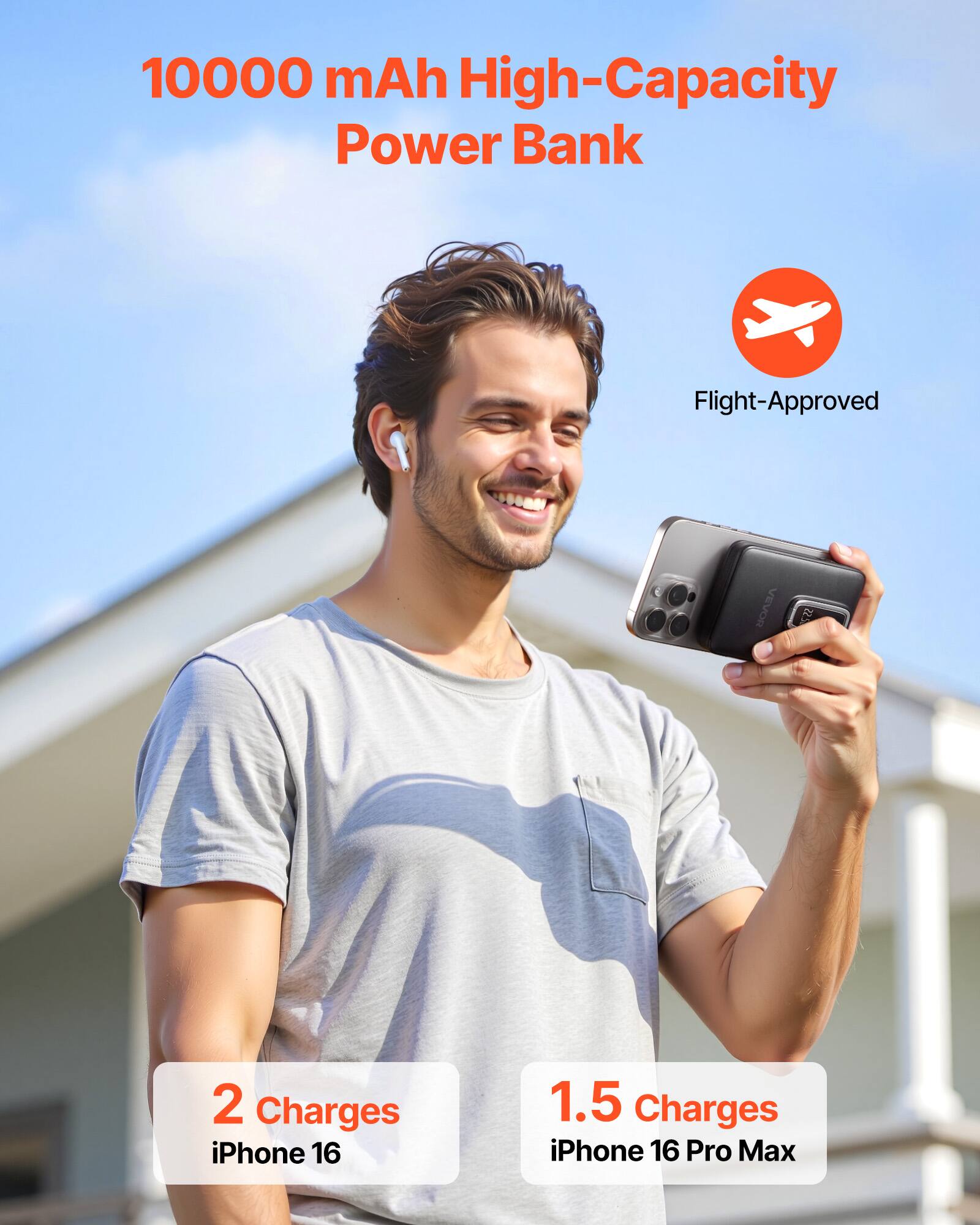 10000 mAh High-Capacity Power Bank  
Flight-Approved  

2 Charges  
iPhone 16  

1.5 Charges  
iPhone 16 Pro Max