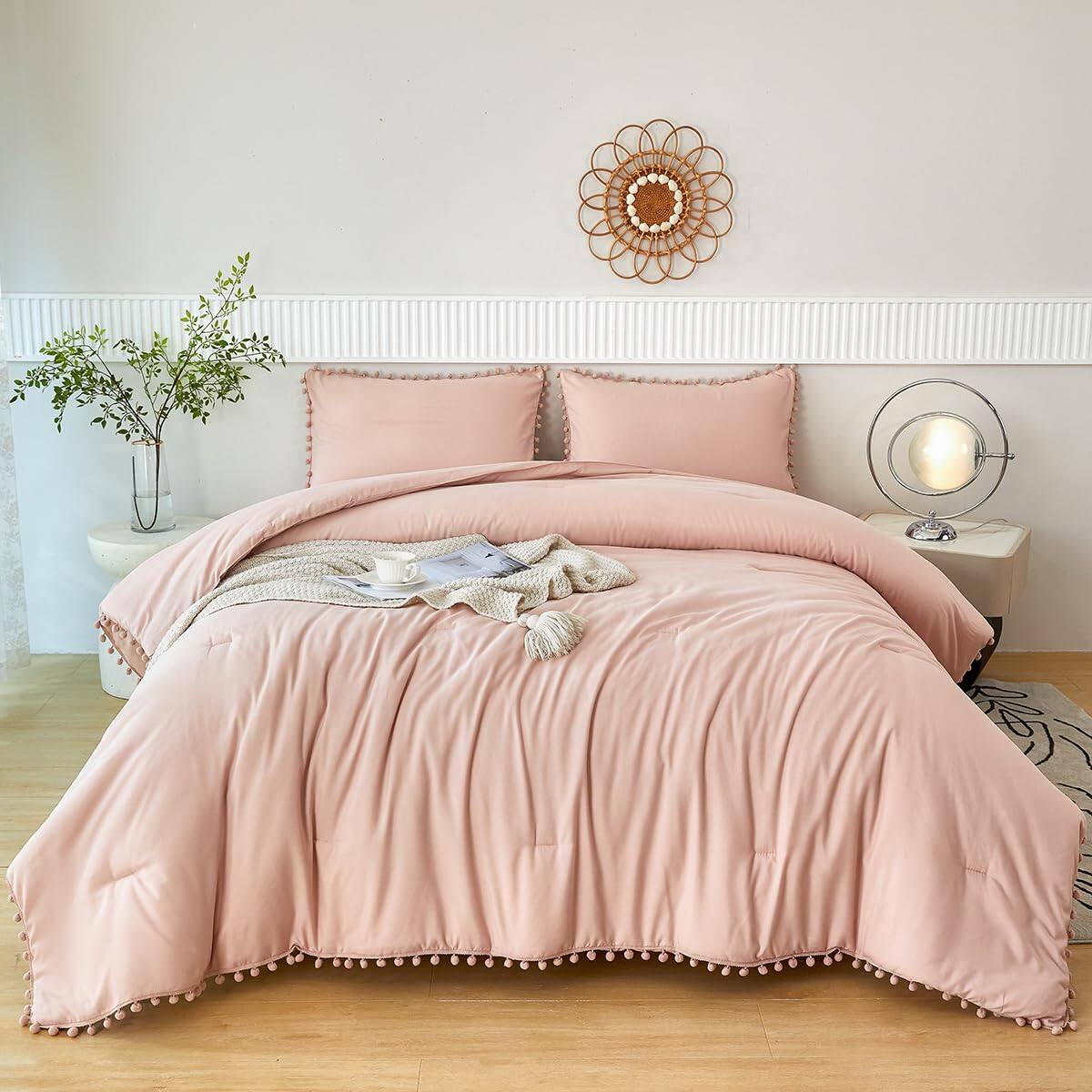 Left. Earthley Blooms - 5 Pieces Comforter Set Full Aesthetic Solid Pom Soft Microfiber Dusty Bed In A Bag For All Season Full - Hot Pink-Queen(5 Pcs).