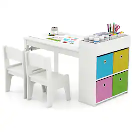 Costway - Kids Art Table & Chairs Set with Paper Roll Wooden Craft Study Desk Active Play - White