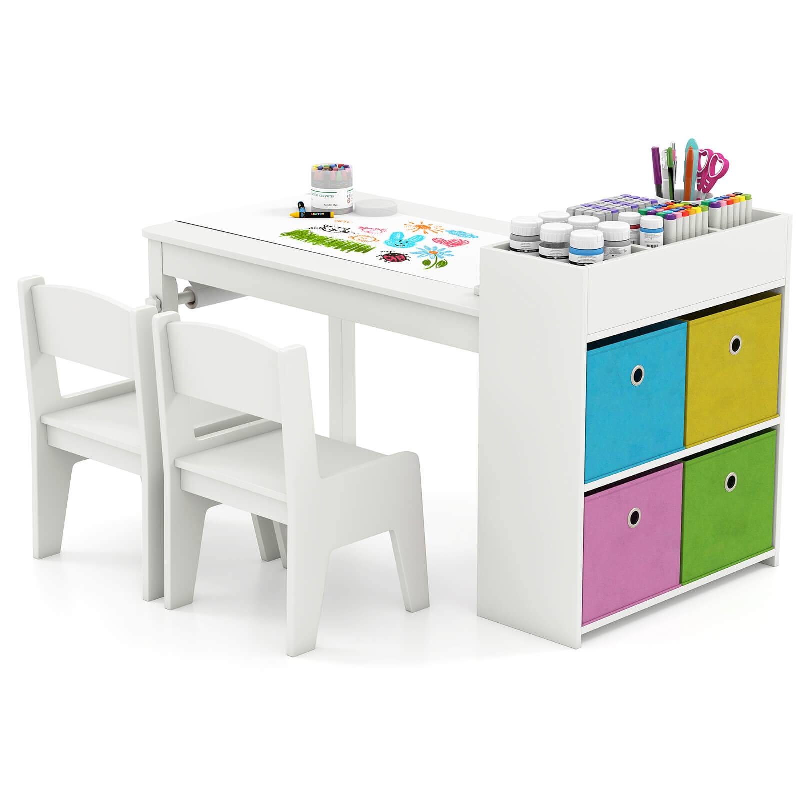 Costway - Kids Art Table & Chairs Set with Paper Roll Wooden Craft Study Desk Active Play - White