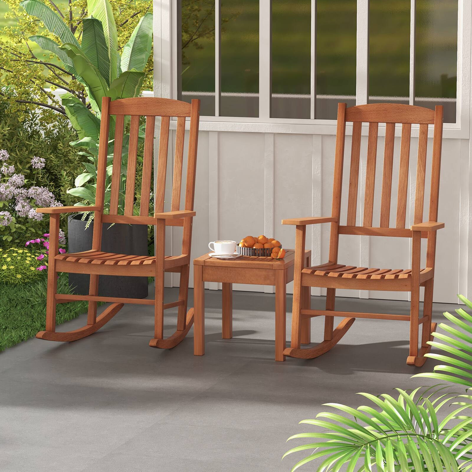 Alt View 4. Costway - Costway 1PC Outdoor Rocking Chair Patio Eucalyptus Wood Rocker Ergonomic Slatted Garden - Natural.