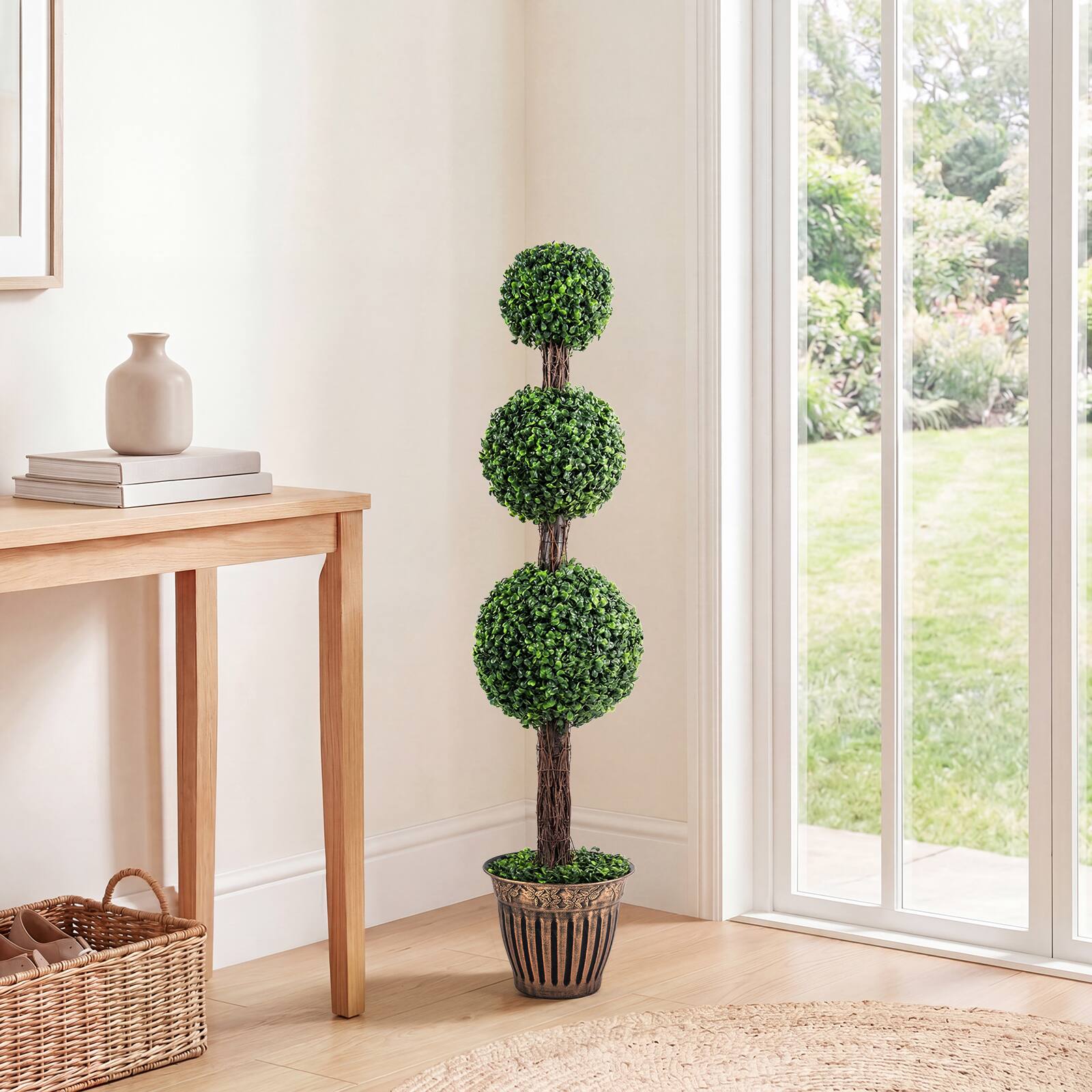 Alt View 1. Costway - Costway 1 PCS Artificial Triple Ball Boxwood Tree,Fake Topiary with Cement-filled Retro Planter - Green.