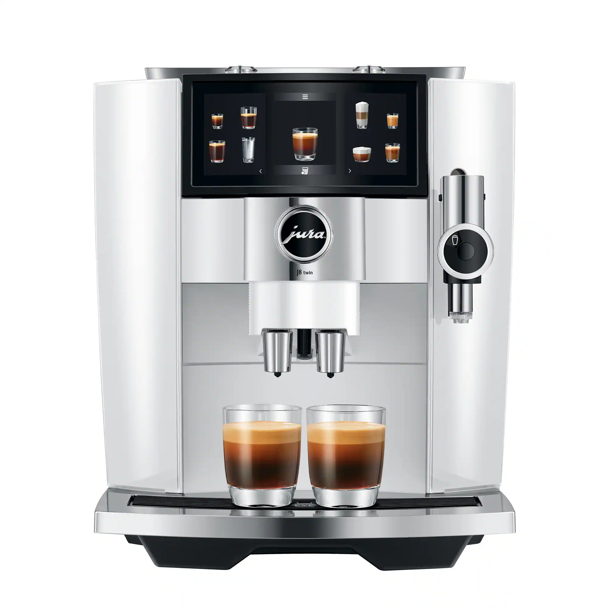 The image features a Jura 9 Twin espresso machine with two cups of coffee on it. The machine has a display screen that shows various coffee options, including different types of coffee and milk. The cups of coffee are placed on the machine, ready to be served. The Jura 9 Twin is a high-quality espresso machine that offers a variety of coffee options and is designed for easy use and cleaning.