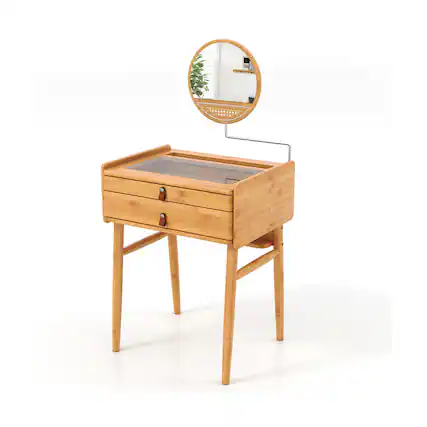 Front. WELLFOR - Bamboo Makeup Vanity Table with Angle‑Adjustable Round Mirror, Tempered Glass Tabletop, 2 Drawers - Natural.