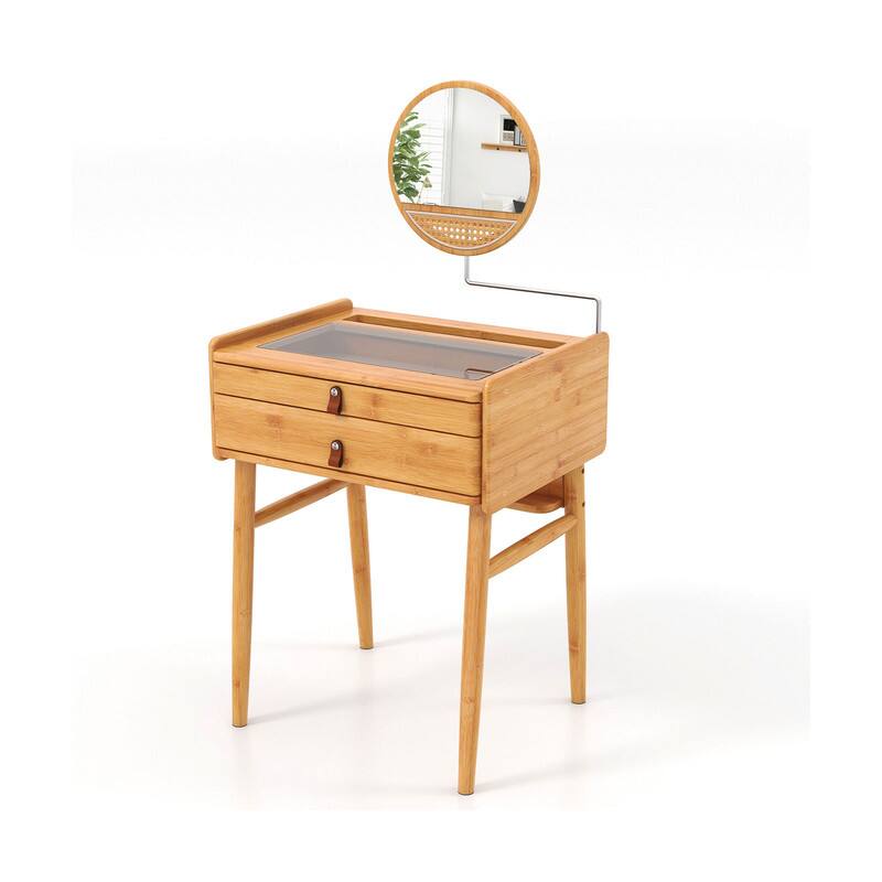 Front. WELLFOR - Bamboo Makeup Vanity Table with Angle‑Adjustable Round Mirror, Tempered Glass Tabletop, 2 Drawers - Natural.