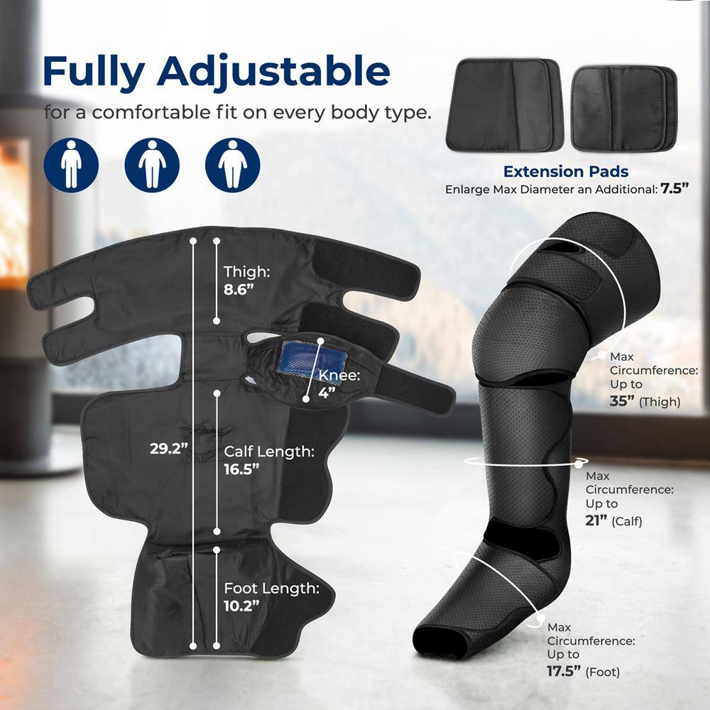 Fully Adjustable for a comfortable fit on every body type.

Extension Pads Enlarge Max Diameter an Additional: 7.5"

- Thigh: 8.6"
- Knee: 4"
- Calf Length: 16.5"
- Foot Length: 10.2"

Max Circumference:
- Up to 35" (Thigh)
- Up to 21" (Calf)
- Up to 17.5" (Foot)
