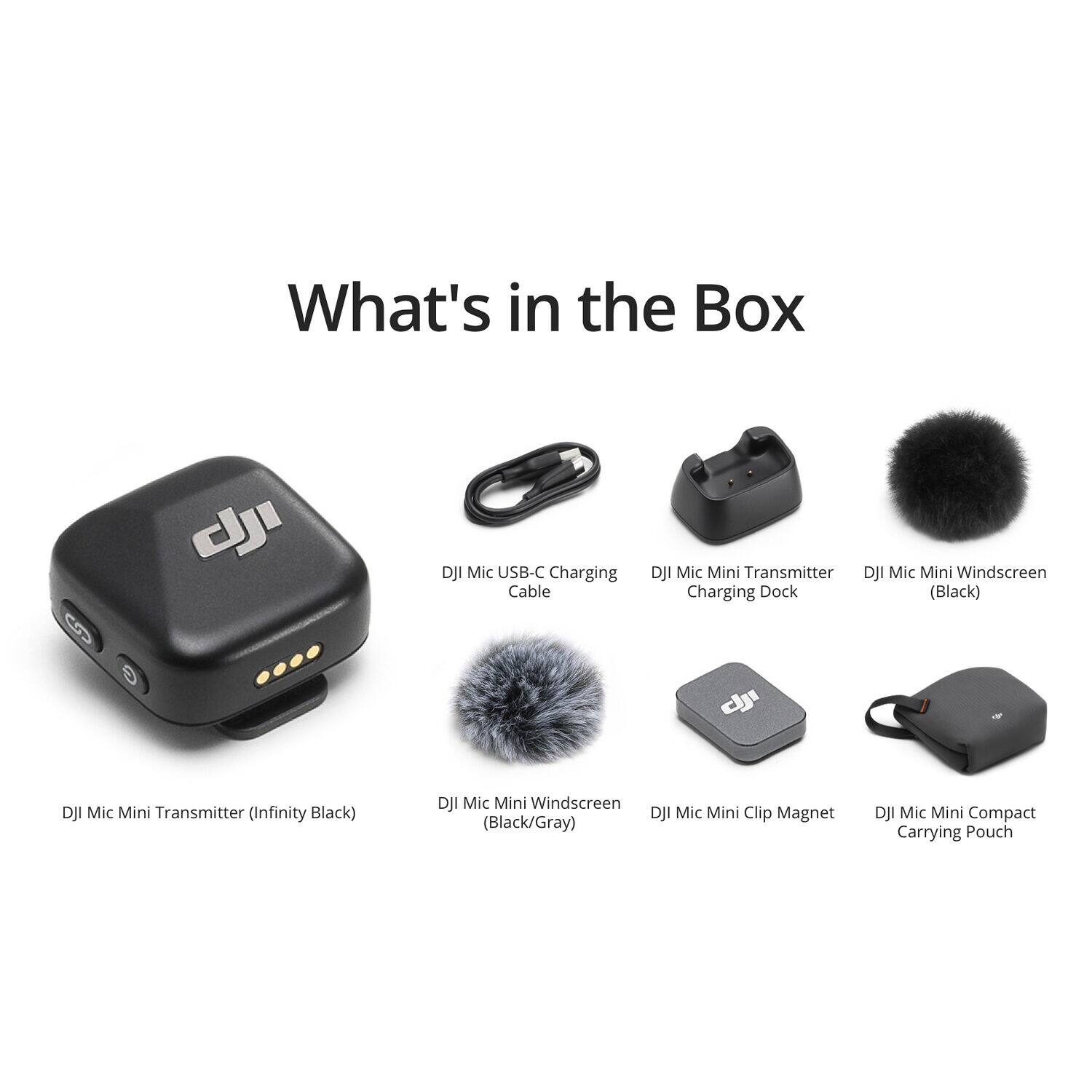 What's in the Box

- DJI Mic USB-C Charging Cable
- DJI Mic Mini Transmitter (Infinity Black)
- DJI Mic Mini Windscreen (Black/Gray)
- DJI Mic Mini Charging Dock
- DJI Mic Mini Clip Magnet (Black/Gray)
- DJI Mic Mini Compact Carrying Pouch