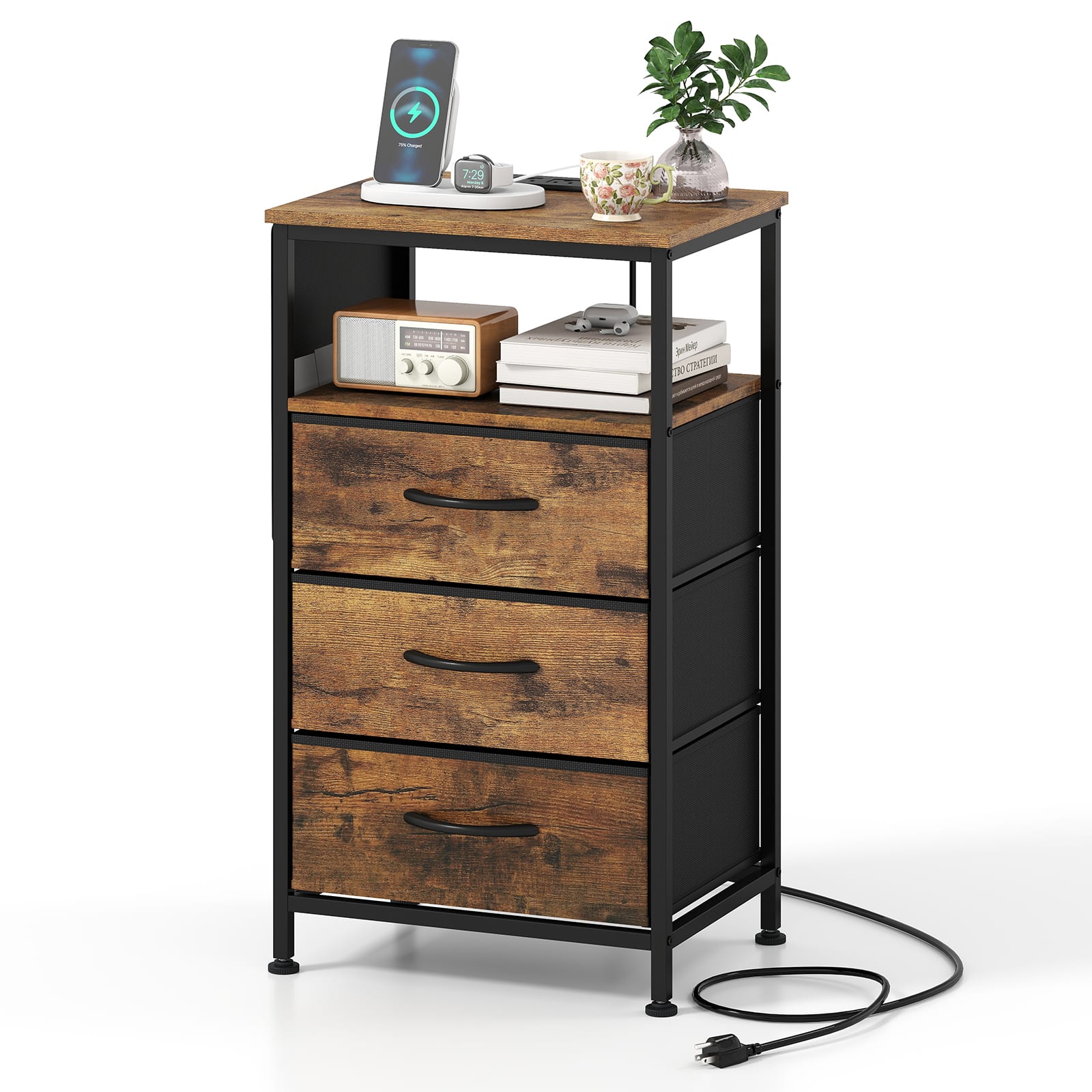 Costway - 1 PCS 27.5" Nightstand with Charging Station, 3 Fabric Drawers, Open Shelf & Side Pocket - Rustic Brown + Black