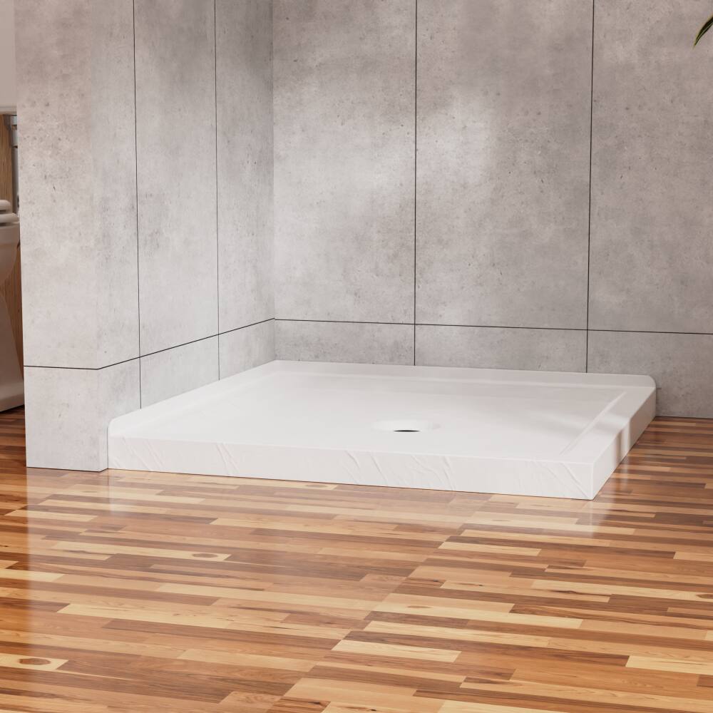 Left. JUJABU - 36"x36" Shower Pan 3.3" Height Double Threshold Shower Base in Slate White, Anti-slip Acrylic, Center Drain - White.