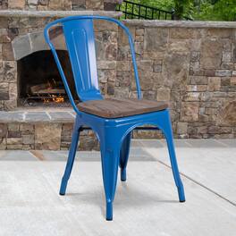 Emma + Oliver - Colorful Metal Stackable Dining Chair with Wood Seat - Blue