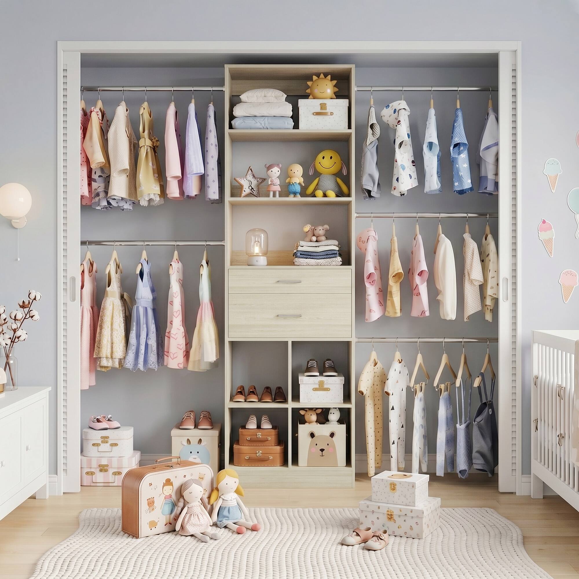 Left. Aheaplus - Small Closet System, 3.2-6.8FT Adjustable Closet Organizer with 2 Drawers & 5 Hanging Rods - White Oak.