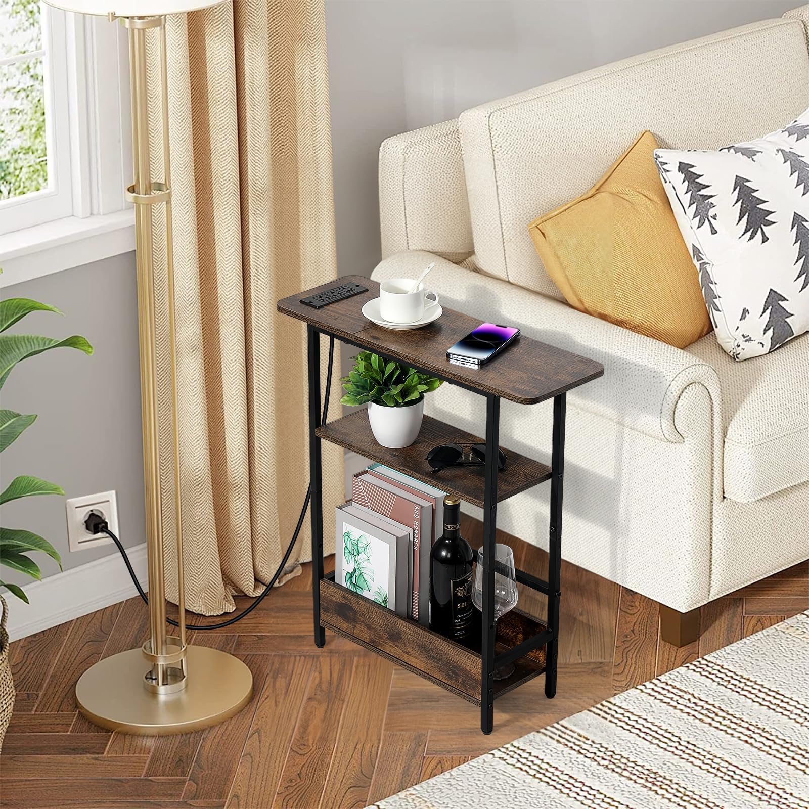 Left. JETRANSPORT - Narrow Side Table With Usb-c Charging Station  3-tier Slim End Magazine Holder Modern Thin For Couch Or Small - Charging station table.