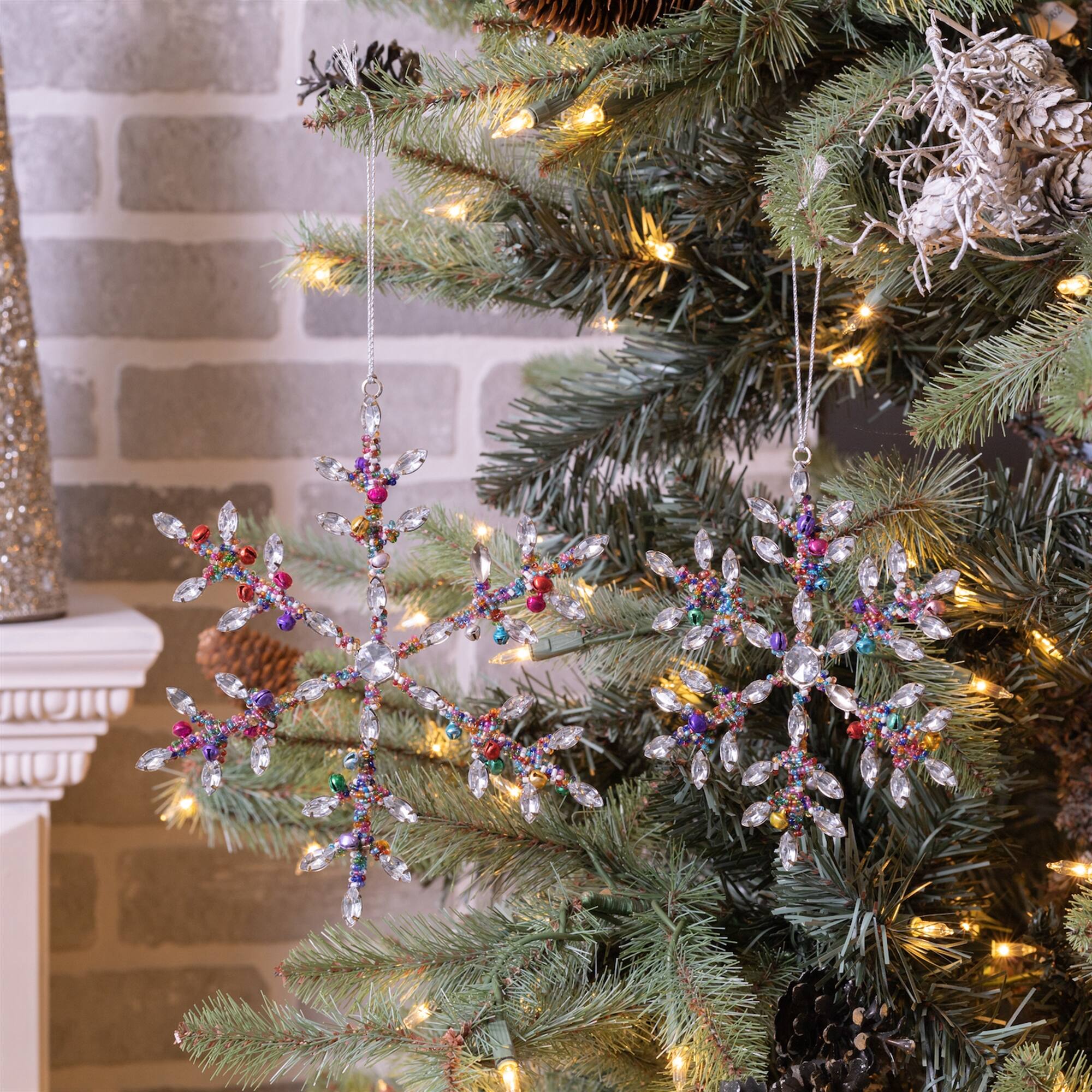 Angle. BreeBe - Rainbow Beaded Snowflake Ornament (Set of 12) - Silver, Purple.