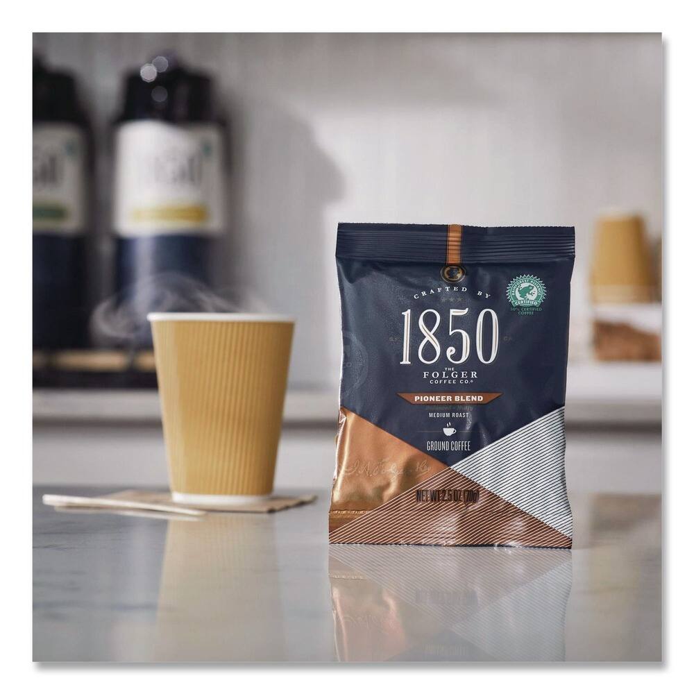 CRAFTED BY 1850  
FOLGER COFFEE CO.  
PIONEER BLEND  
MEDIUM ROAST  
GROUND COFFEE  
NET WT 12.5 OZ (354g)