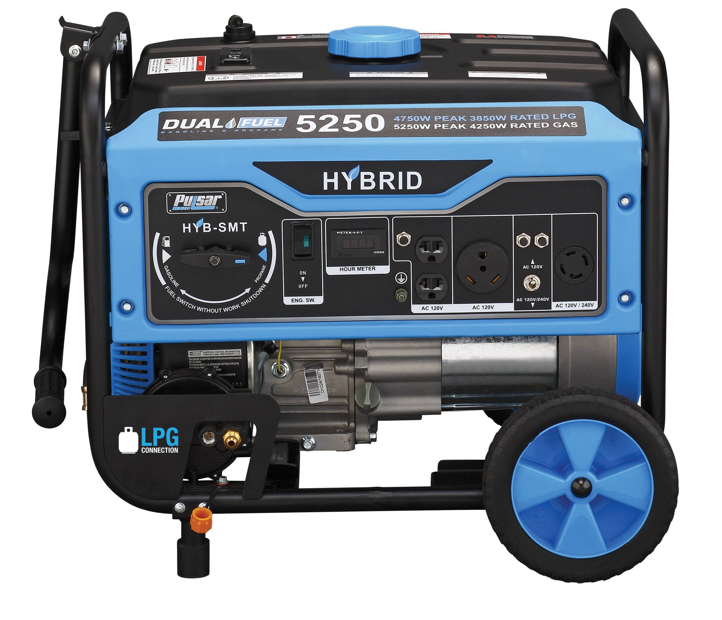 4750W PEAK 3850W RATED LPG  
5250W PEAK 4250W RATED GAS  

DUAL FUEL 5250  
HYBRID  

Pulsar  
HYB-SMT  

HOUR METER  
ENG. SW.  

LPG CONNECTION  

AC 120V  
AC 120V/240V