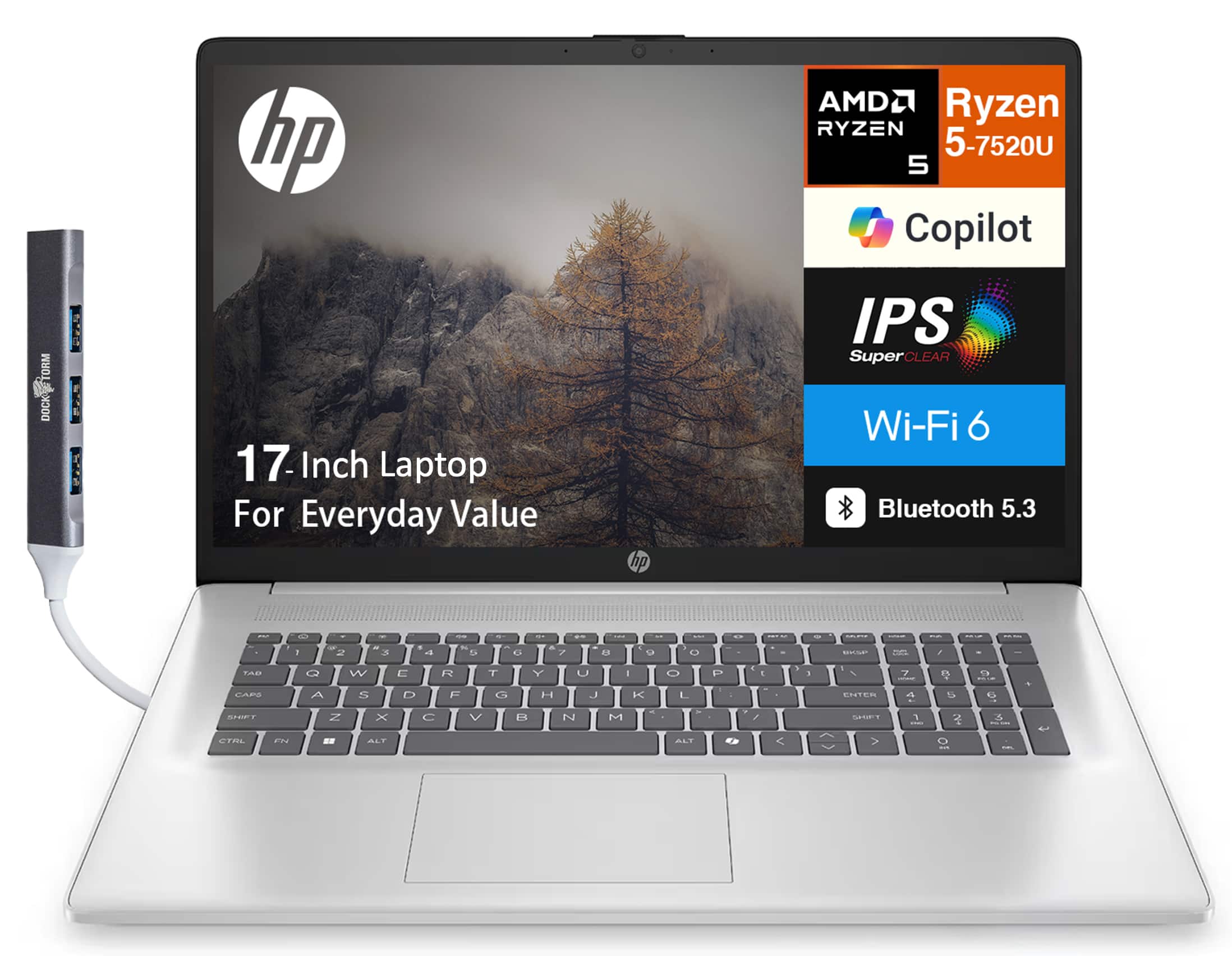 HP - 17 Laptop 17.3 FHD (AMD Ryzen 5 7520U, 8GB LPDDR5, 512GB SSD, AMD Radeon, Win 11 Home) w/USB Hub - Natural Silver