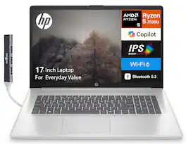 HP - 17 Laptop 17.3 FHD (AMD Ryzen 5 7520U, 8GB LPDDR5, 512GB SSD, AMD Radeon, Win 11 Home) w/USB Hub - Natural Silver